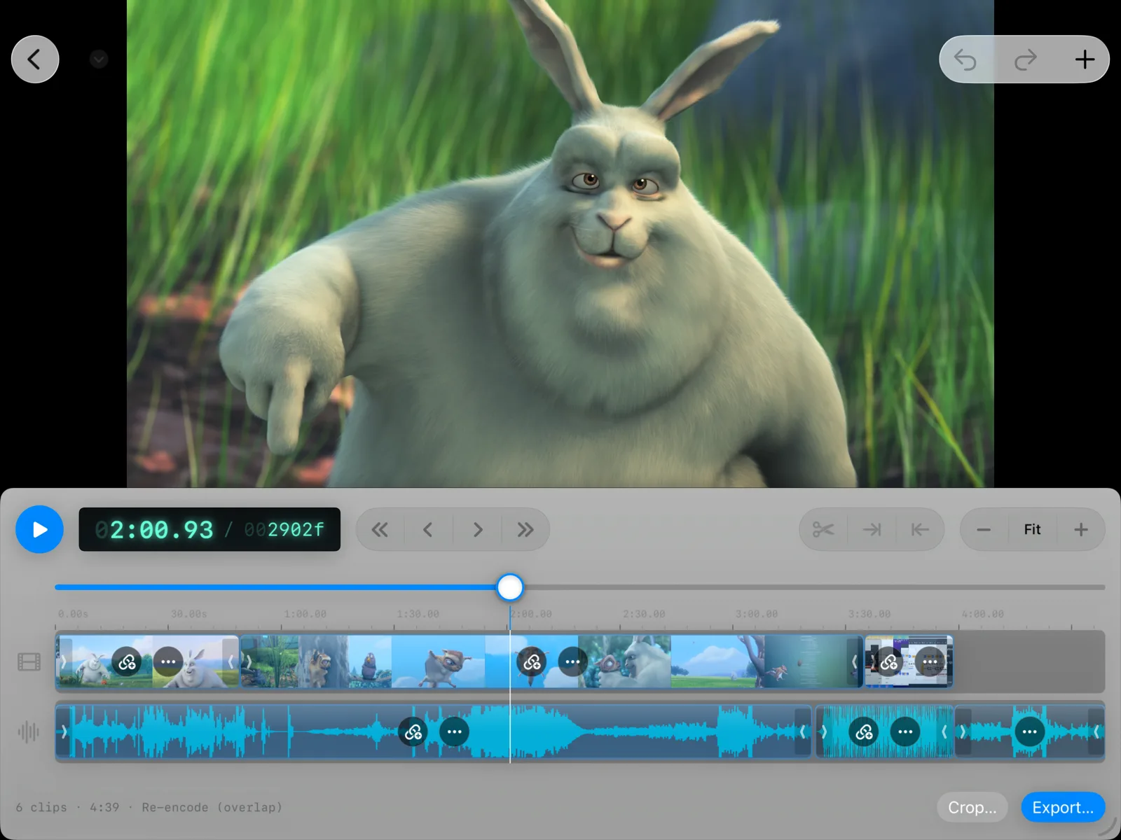 ChopShop on iPad — a video preview above a two-track timeline with six clips and a linked audio track