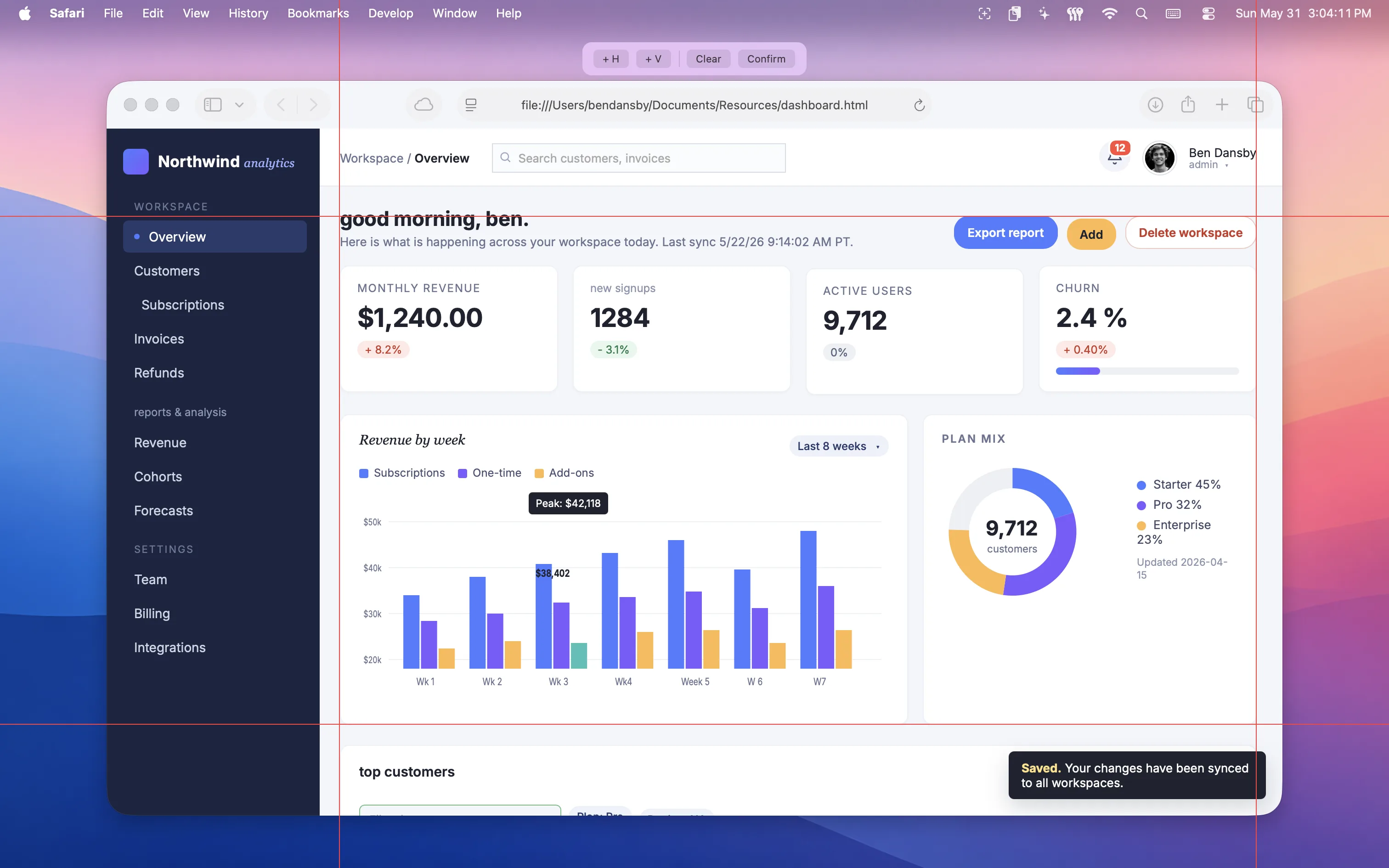 Guides laid across a dashboard layout