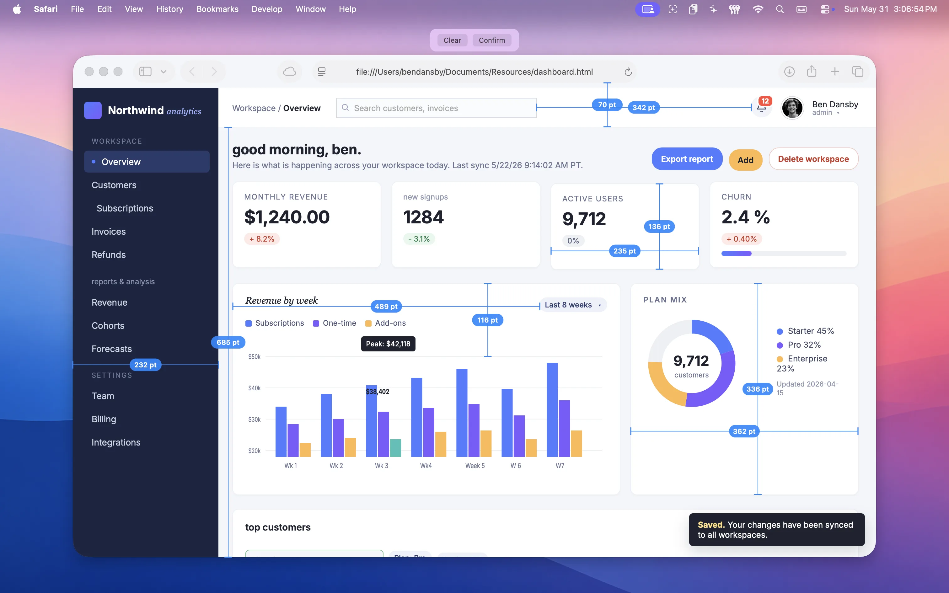 Measure overlay with pixel dimensions across a dashboard