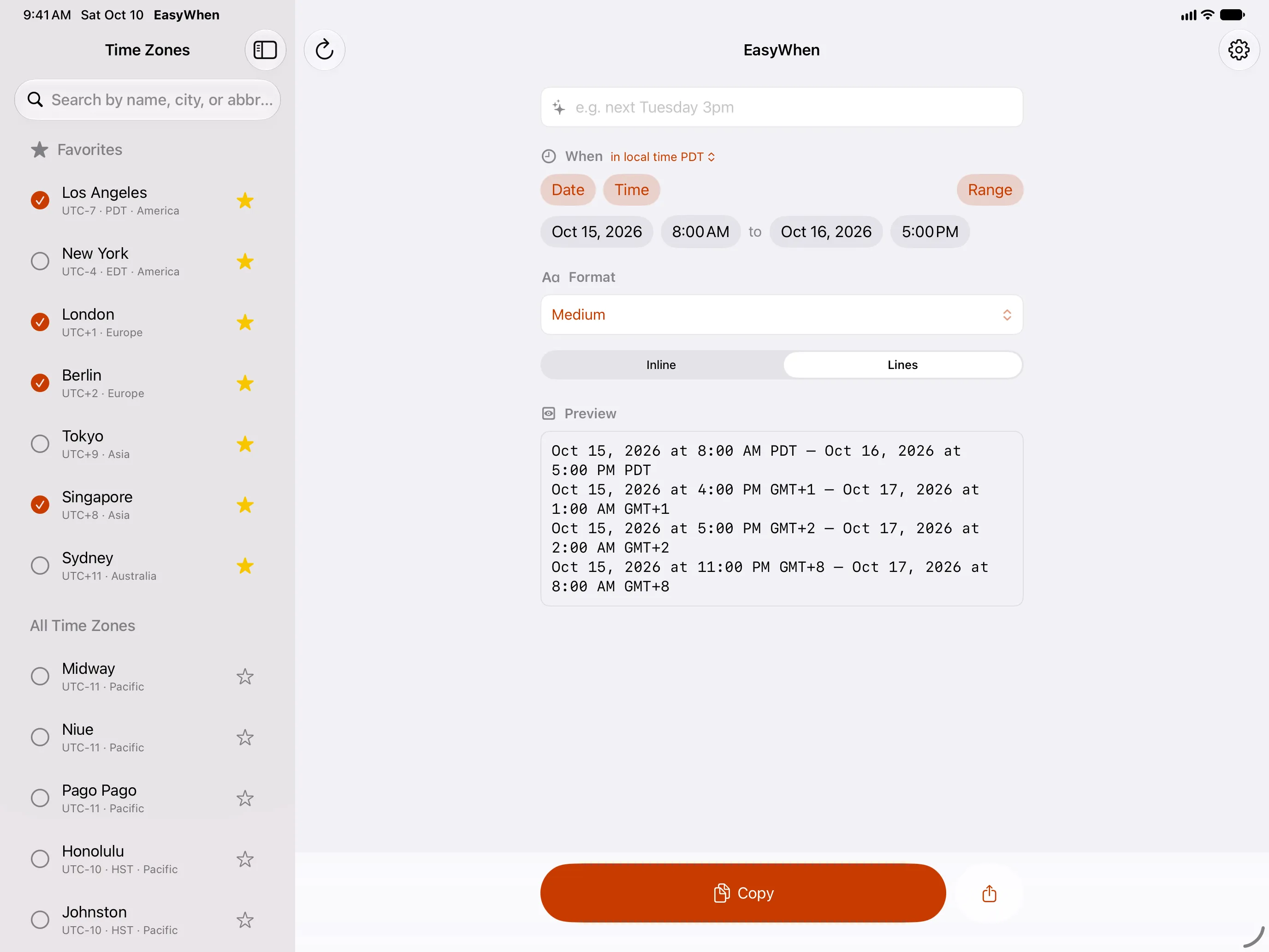DateDrop on iPad — every time zone in a sidebar with favorites starred, beside a date range formatted into three time zones
