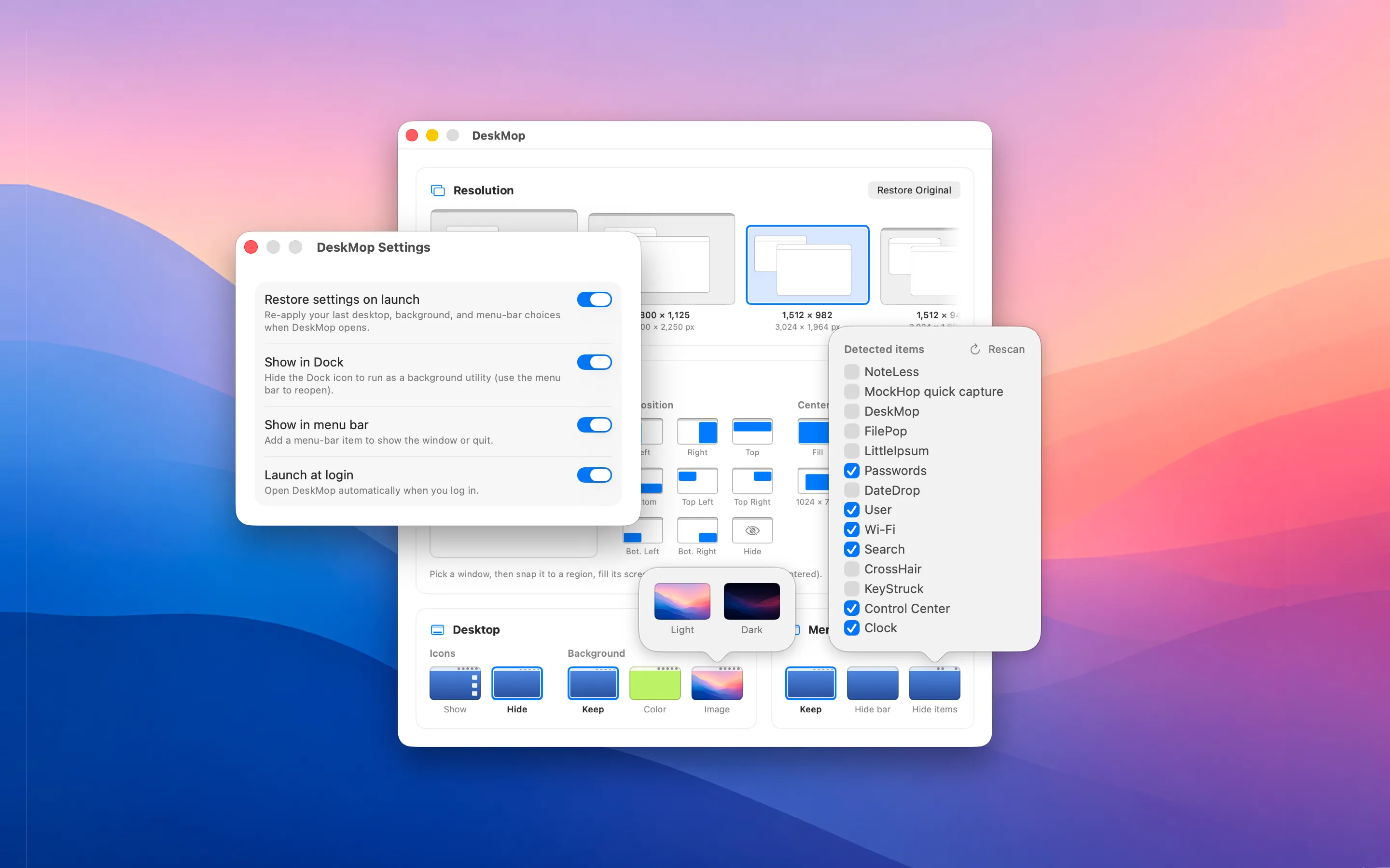 DeskMop’s controls — resolution, background, menu bar, and window placement