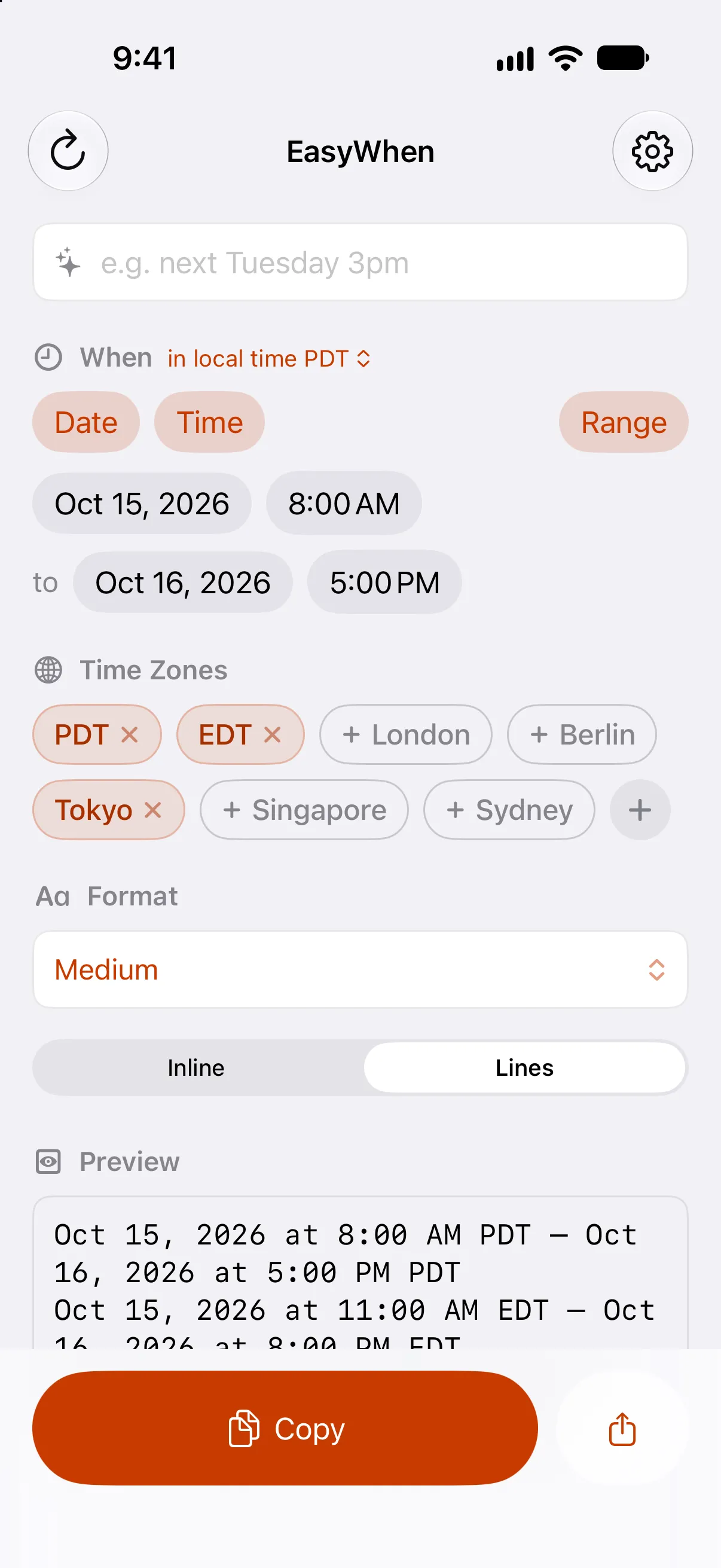 EasyWhen on iPhone — a date range with time-zone chips underneath and the formatted preview below