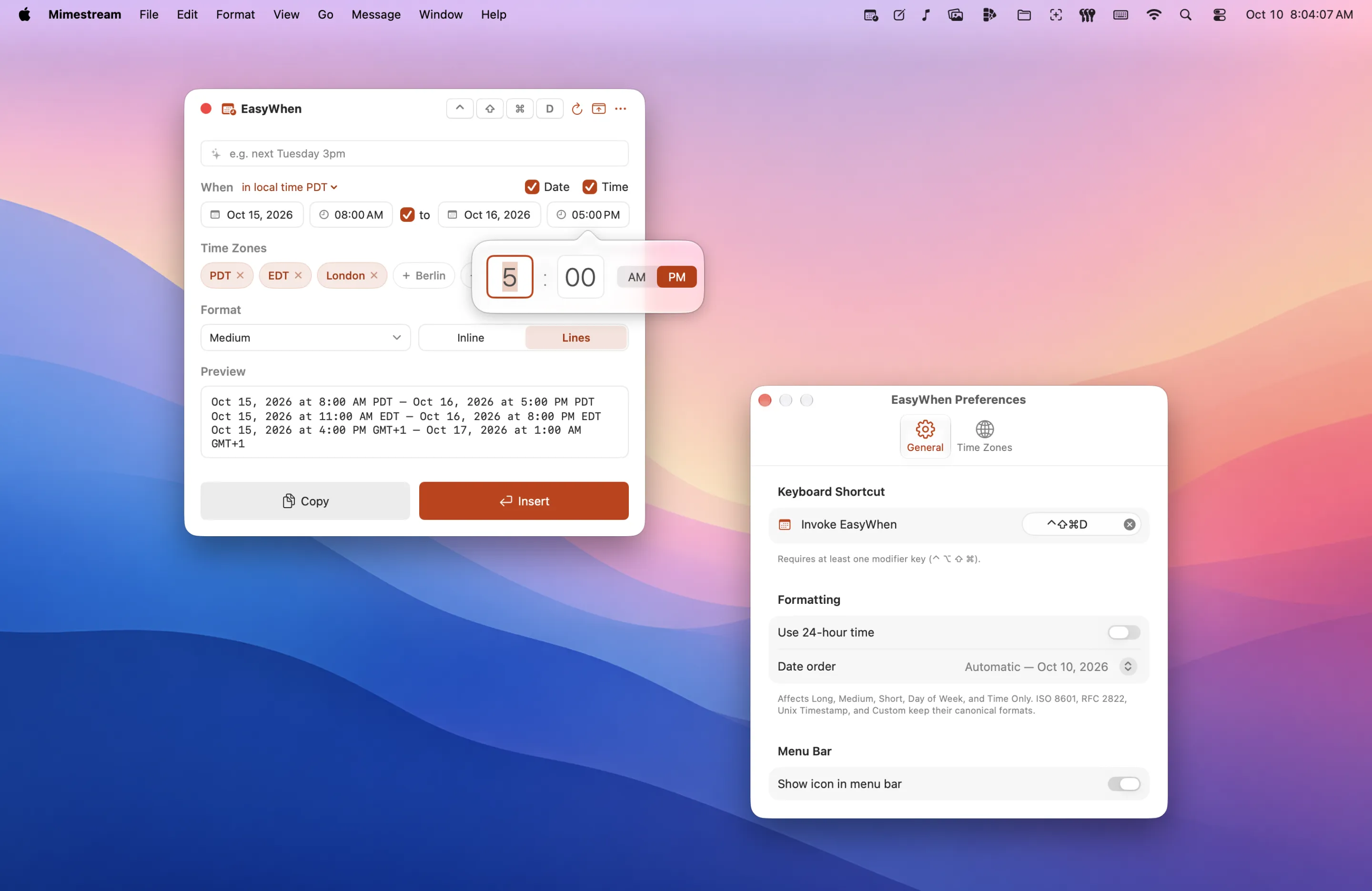EasyWhen’s time picker open beside its Preferences — the keyboard shortcut, 24-hour time, date order and the menu-bar icon