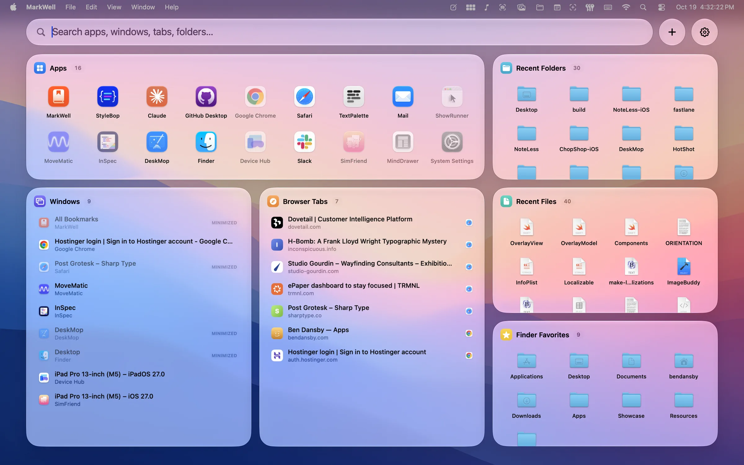 The EveryTile overlay over the desktop: Apps and Recent Folders across the top, then Windows, Browser Tabs, Recent Files and Finder Favorites, under one search field
