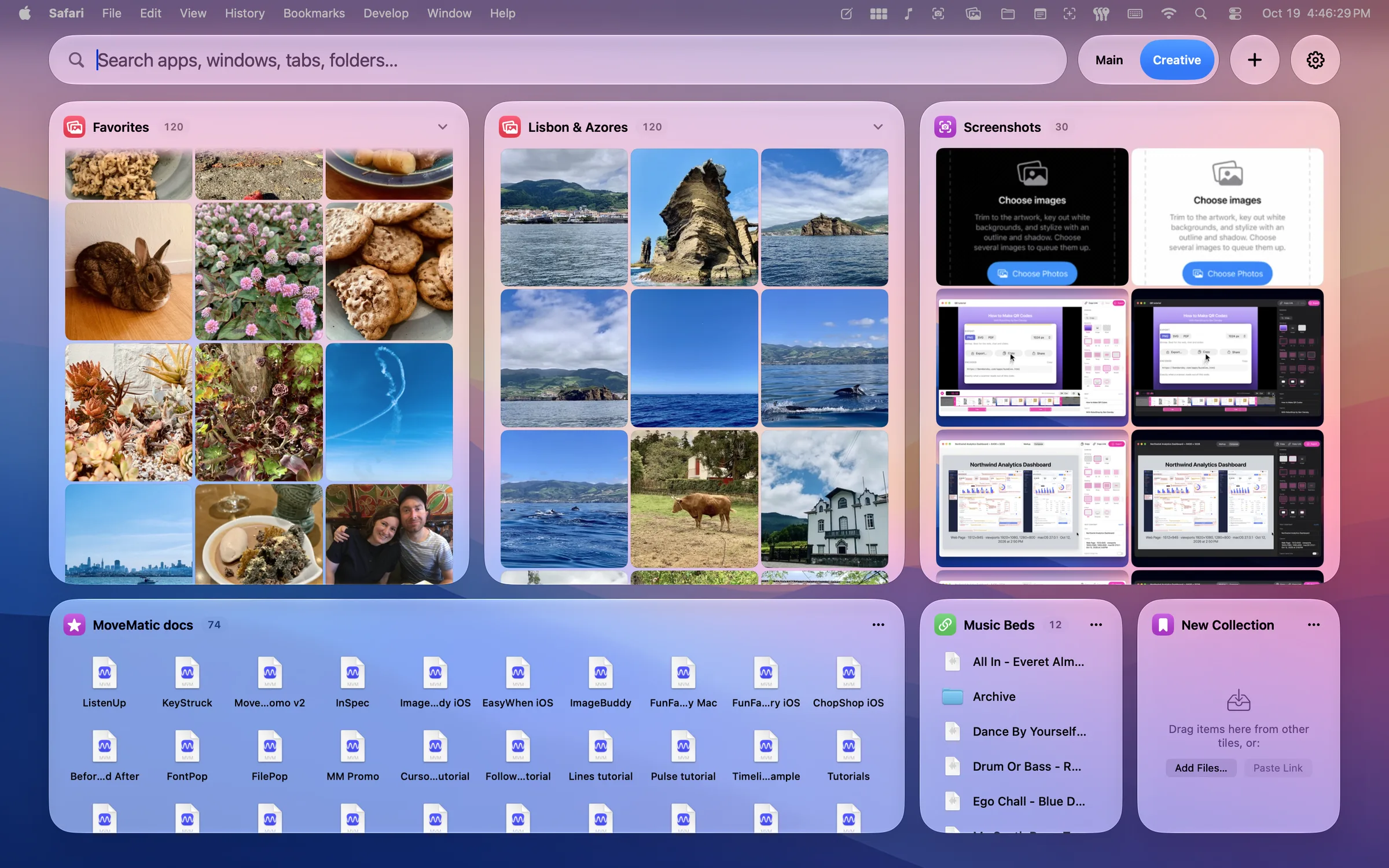 A Creative tile set: two Photos album tiles, Screenshots packed edge to edge, a folder of MoveMatic documents, a Music Beds collection and an empty new collection