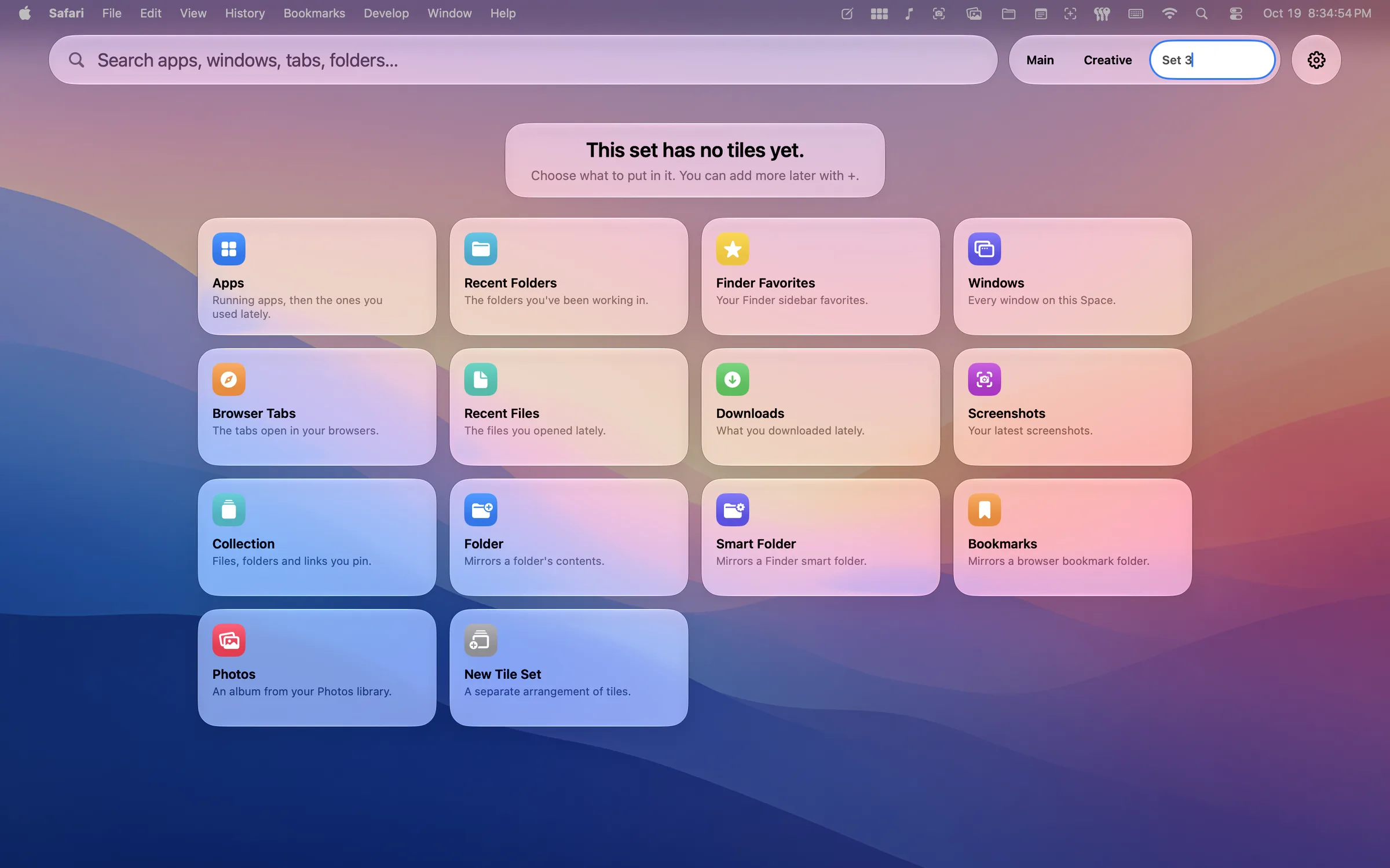 A new, empty tile set showing every kind of tile as a card to click: Apps, Recent Folders, Finder Favorites, Windows, Browser Tabs, Recent Files, Downloads, Screenshots, Collection, Folder, Smart Folder, Bookmarks, Photos and New Tile Set