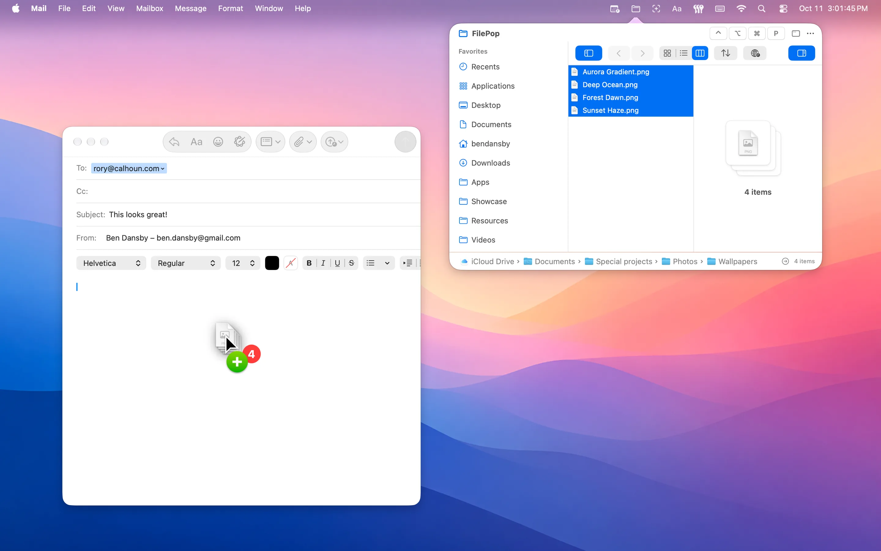 FilePop open beside a Mail message, with four selected images being dragged out into the email