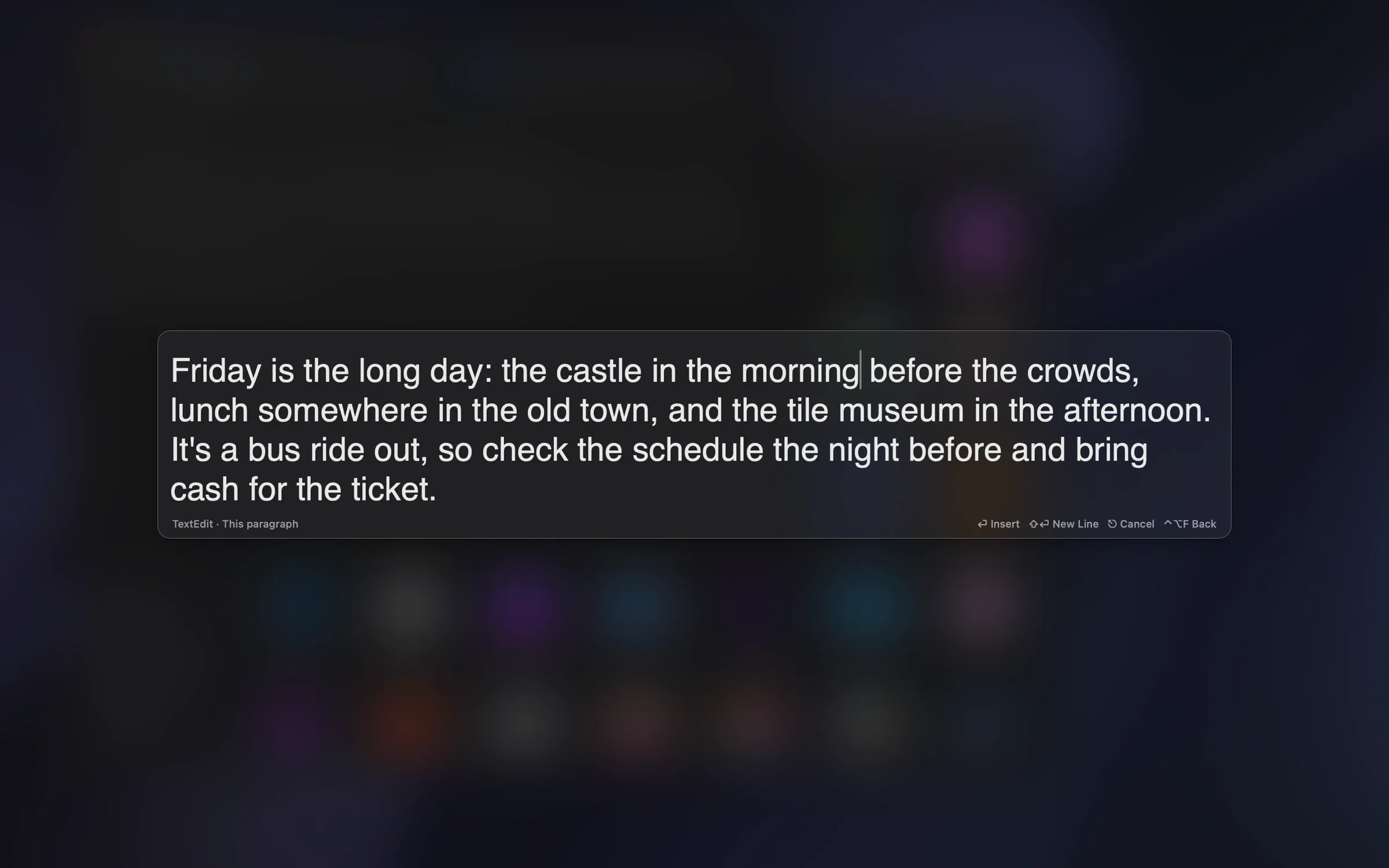 Center and focus: the same paragraph in a wide, centered loupe, everything else on screen blurred and darkened behind it