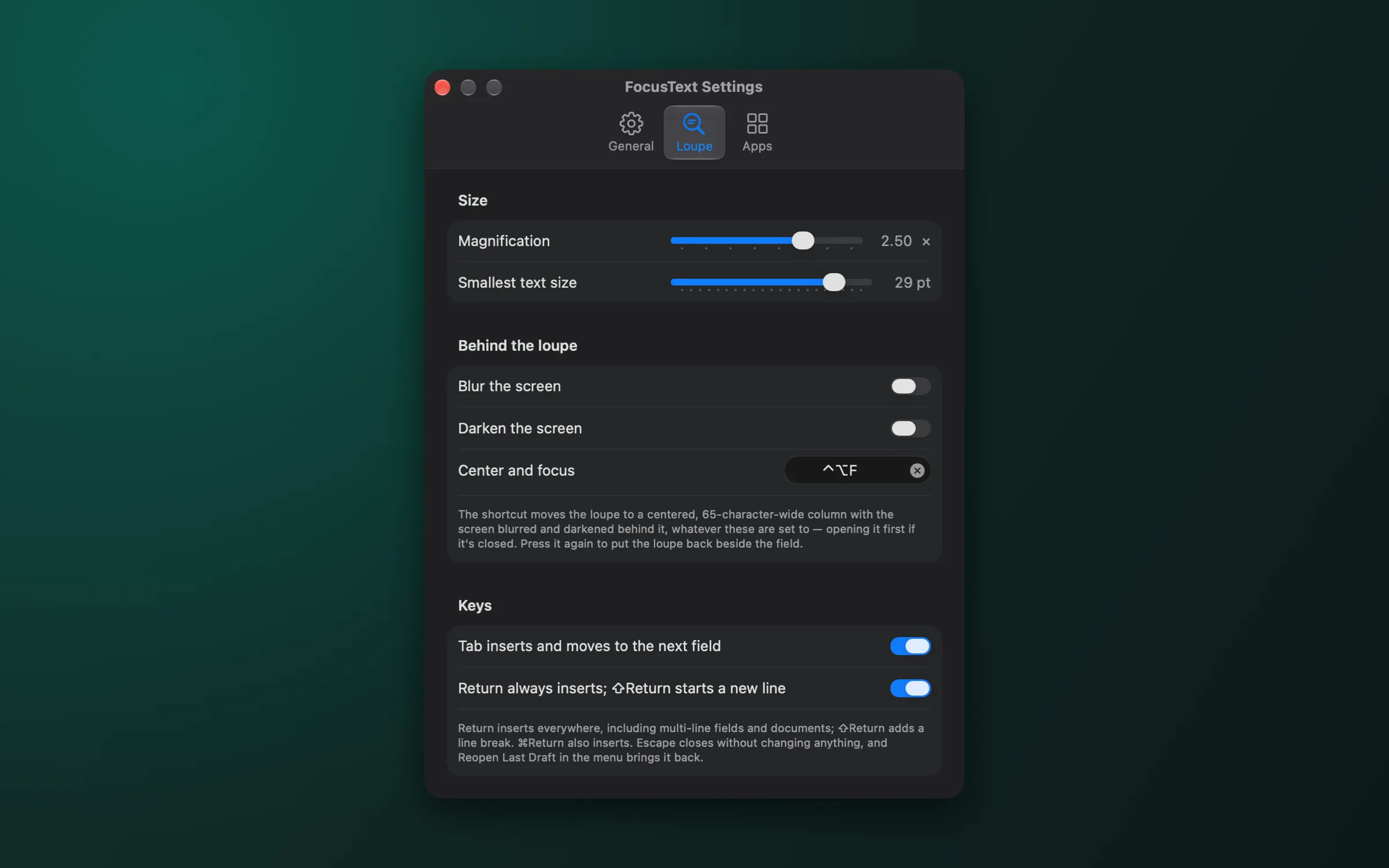 FocusText settings: magnification and smallest text size sliders, blur and darken switches, the center-and-focus shortcut, and how Tab and Return behave