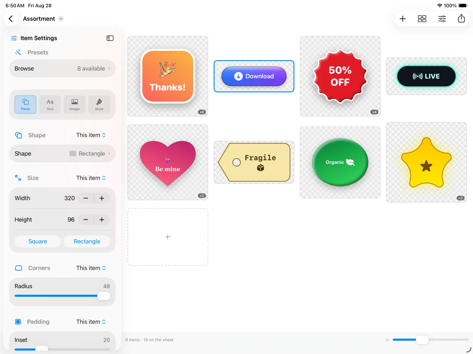 FunFactory on iPad — the item settings sidebar beside a canvas of eight stickers and buttons