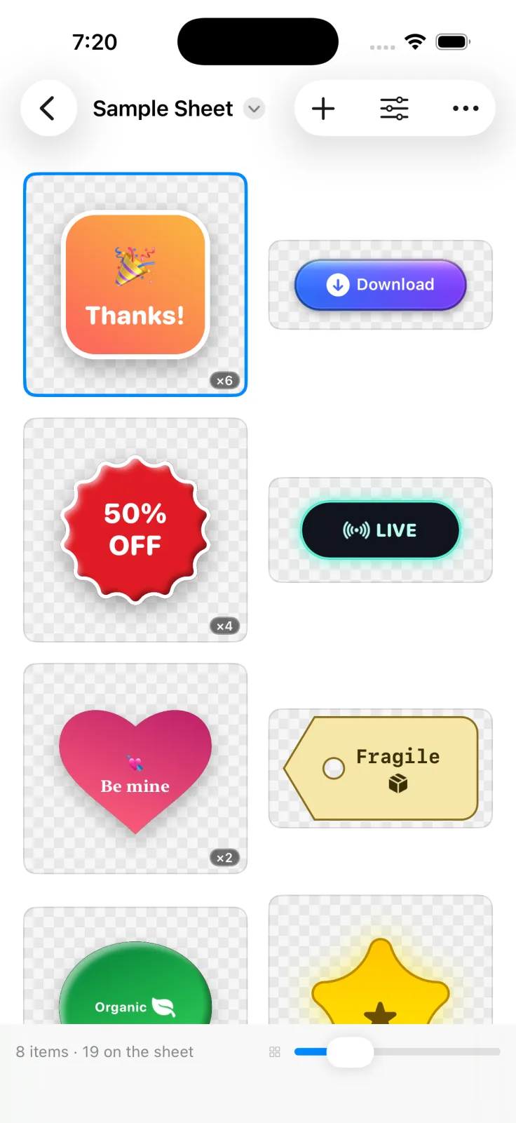 FunFactory on iPhone — a two-column canvas of stickers and buttons with the item count and tile-size slider along the bottom