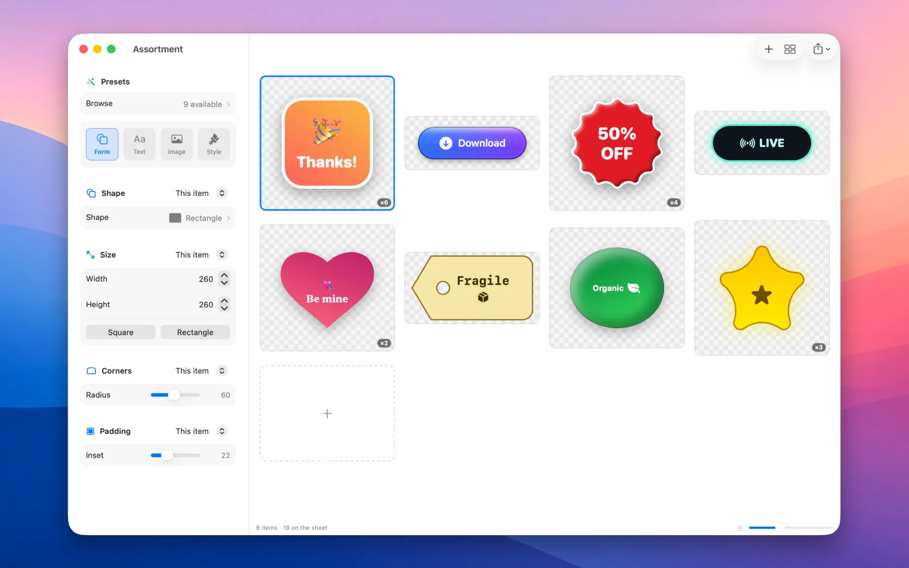 FunFactory on Mac — a sheet of eight stickers and buttons on the canvas, with shape, size, corner and padding controls in the sidebar