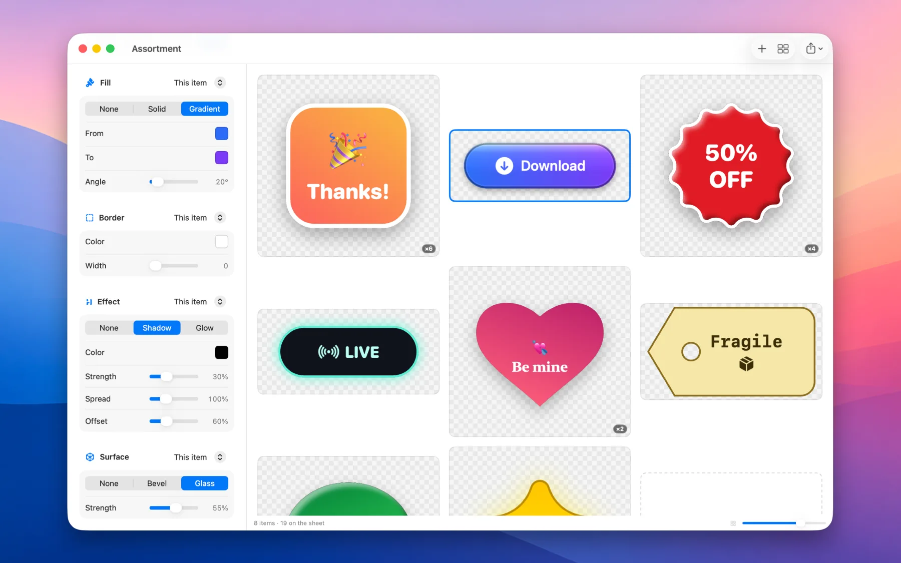 FunFactory's Style controls — gradient fill, border, shadow and a glass surface applied to the selected Download button