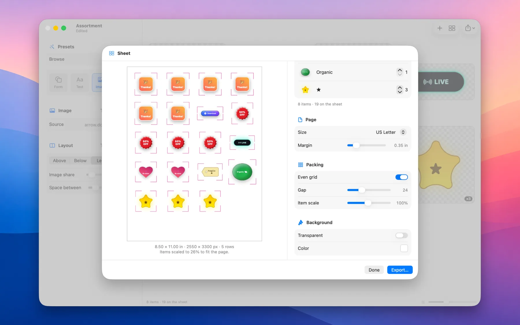 FunFactory's Sheet dialog — nineteen items packed onto a US Letter page with cut lines, beside page, packing and background settings