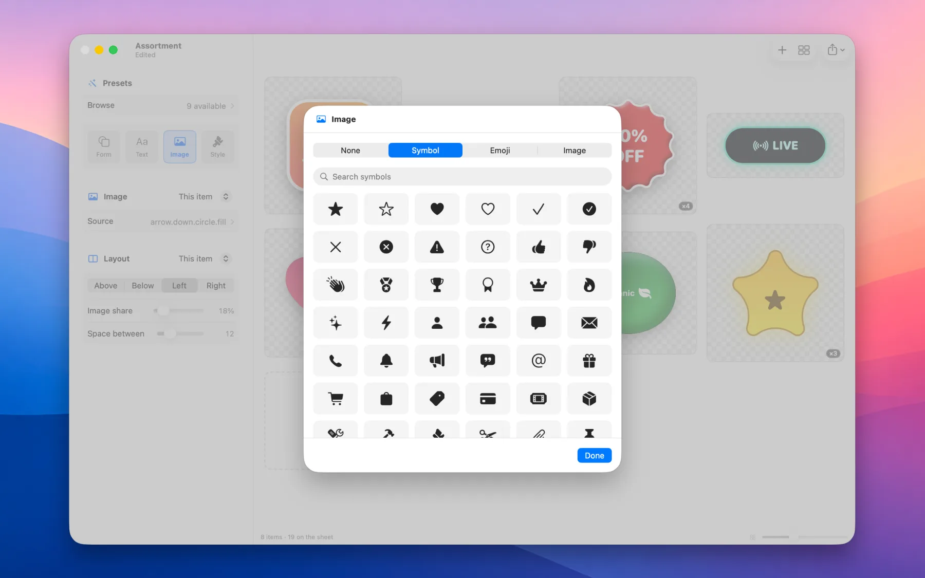 FunFactory's picture picker — a searchable grid of SF Symbols, with None, Symbol, Emoji and Image sources across the top