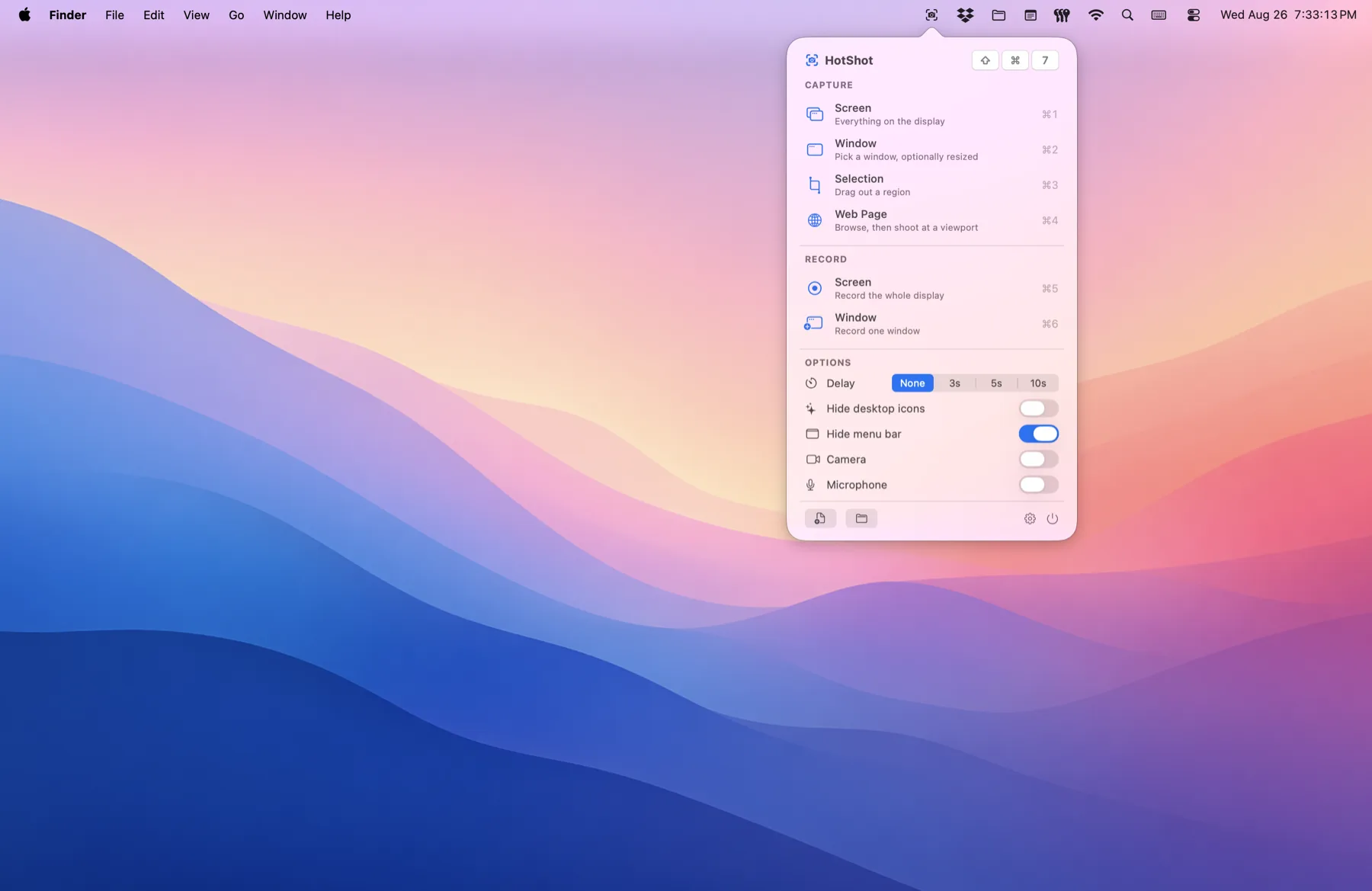 HotShot&rsquo;s capture panel open from the menu bar &mdash; Screen, Window, Selection and Web Page capture, screen and window recording, and options for delay, hiding desktop icons and the menu bar, camera and microphone
