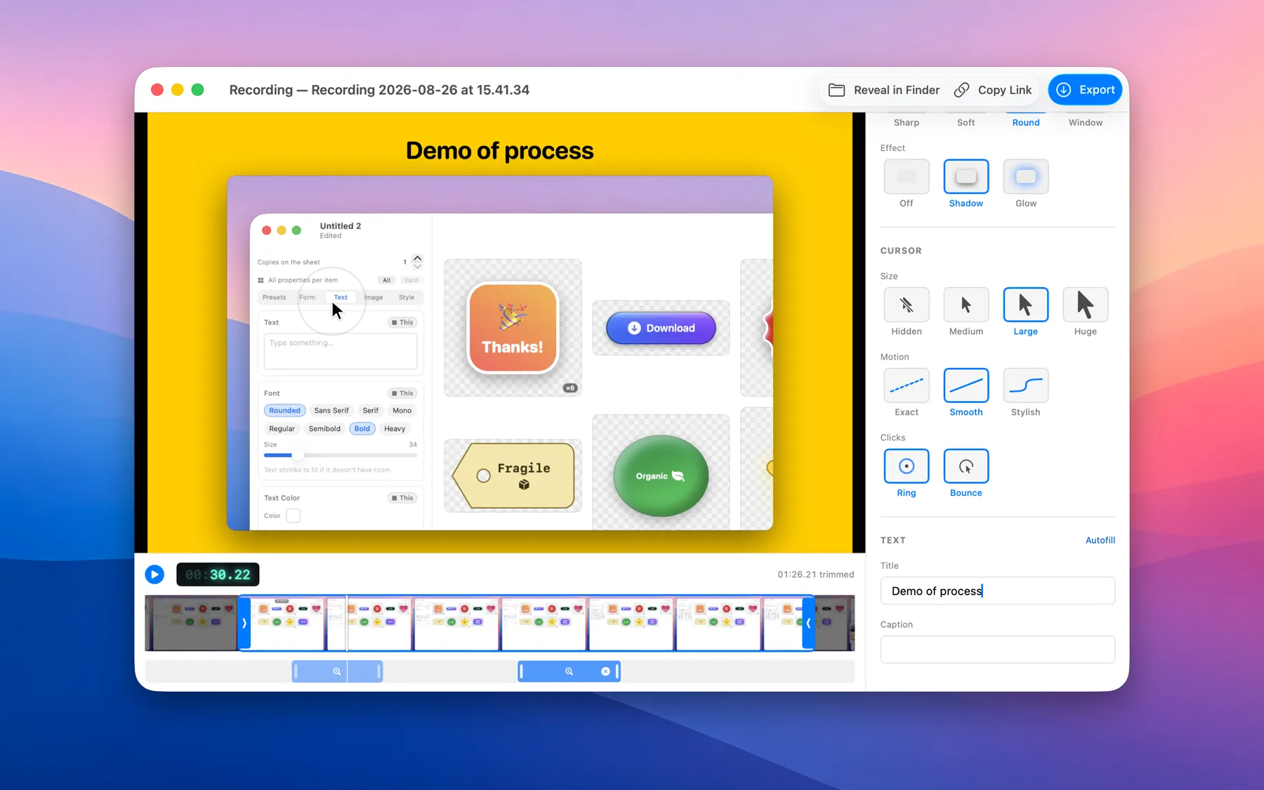 HotShot&rsquo;s recording review &mdash; a trimmed clip on a filmstrip with a title, backdrop and cursor size, motion and click styling