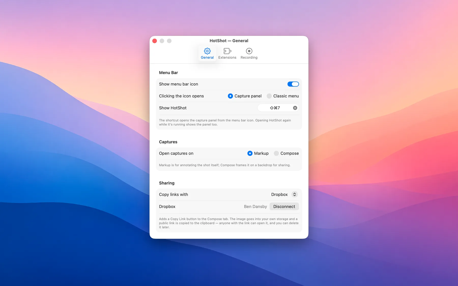 HotShot&rsquo;s General settings &mdash; menu bar icon and shortcut, whether captures open in Markup or Compose, and Dropbox link sharing