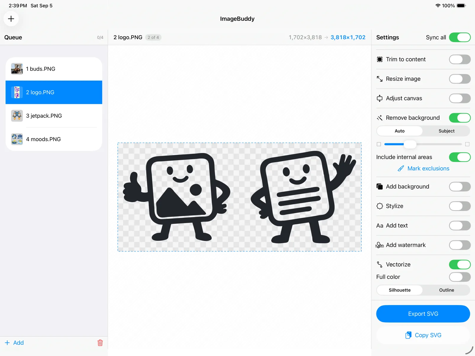 ImageBuddy on iPad — the queue and the stage sidebar around a two-character logo keyed out to transparency, with Remove background and Vectorize switched on and Export SVG ready