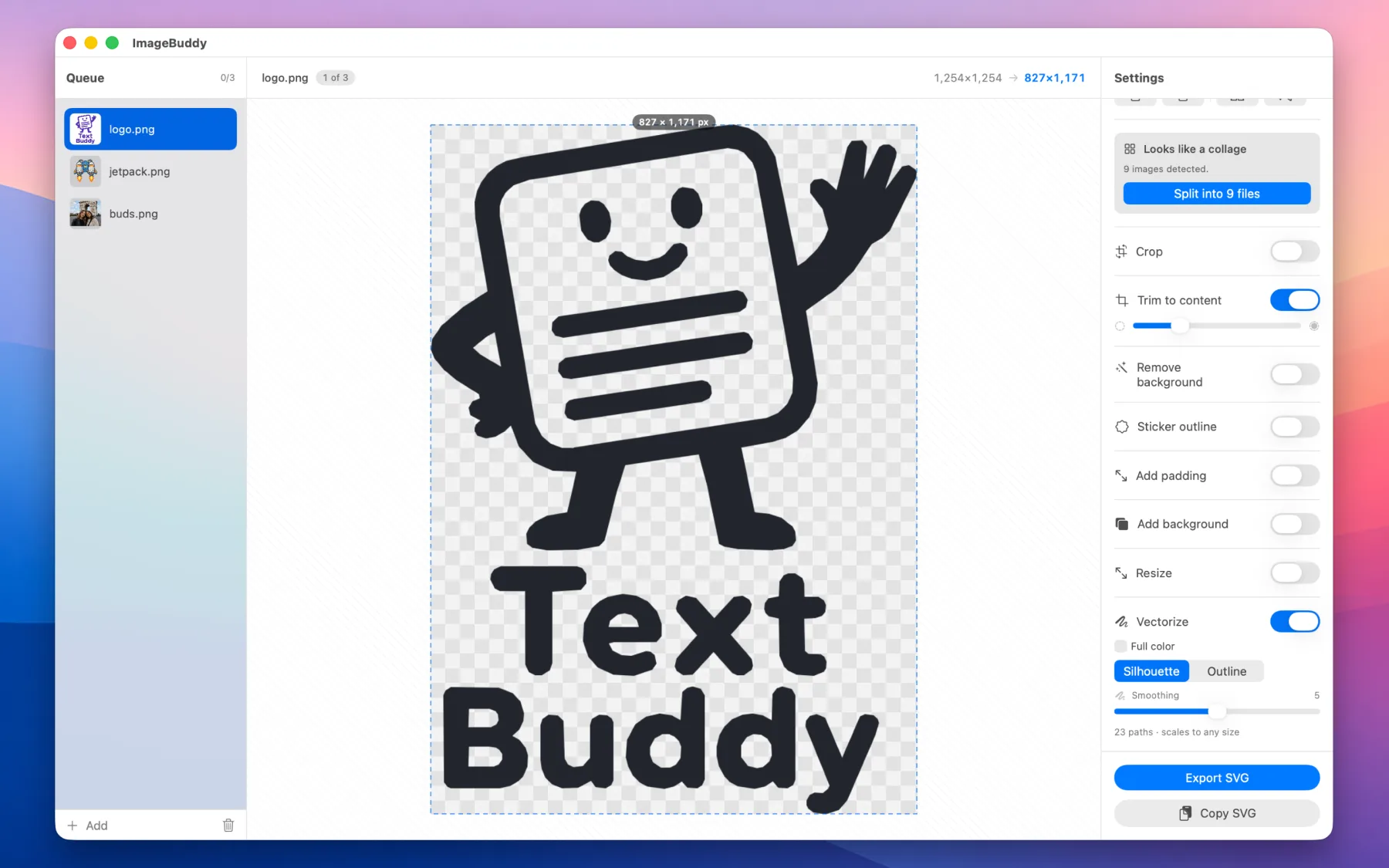 ImageBuddy vectorizing a transparent logo to SVG, with the batch queue and a collage-split callout