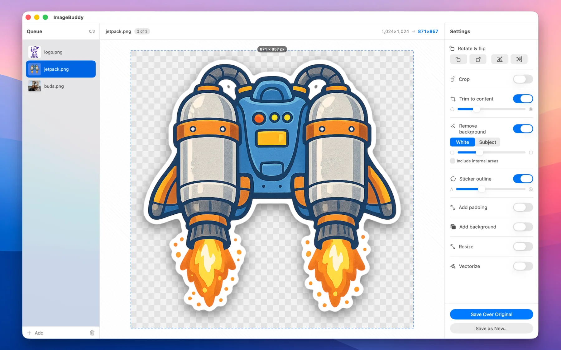 ImageBuddy turning a jetpack illustration into a sticker — white background keyed out, white outline and drop shadow added