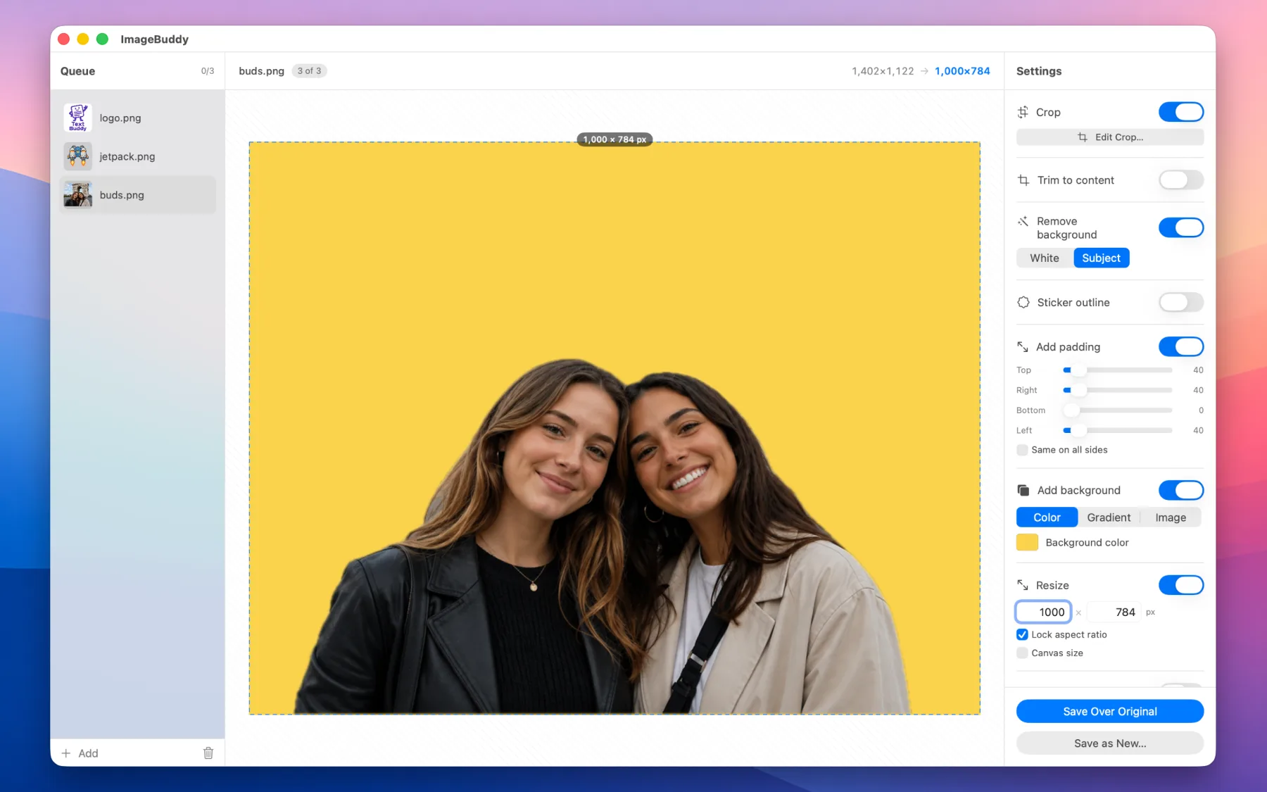 ImageBuddy lifting two people off their background with Subject detection and compositing them onto a solid colour, with padding and resize
