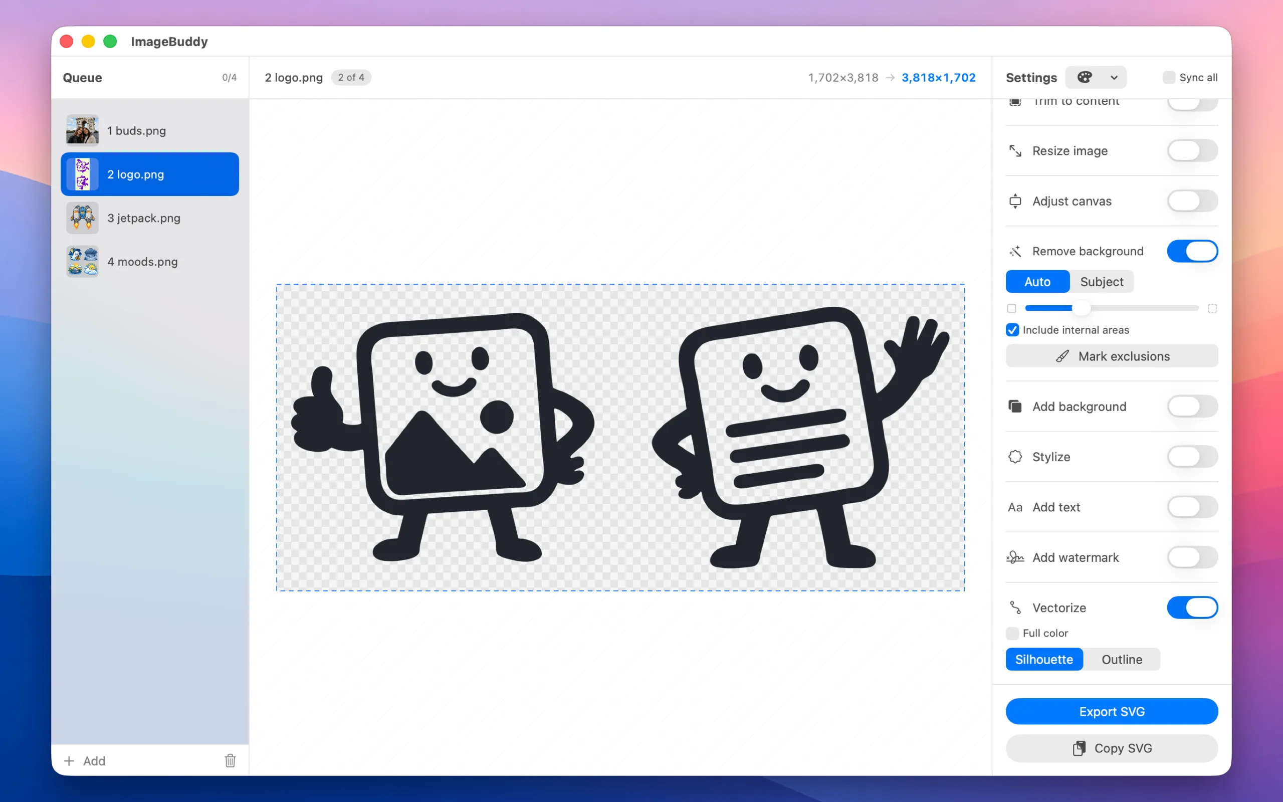 ImageBuddy removing the background from a two-character logo and vectorizing it to a silhouette, ready to export or copy as SVG