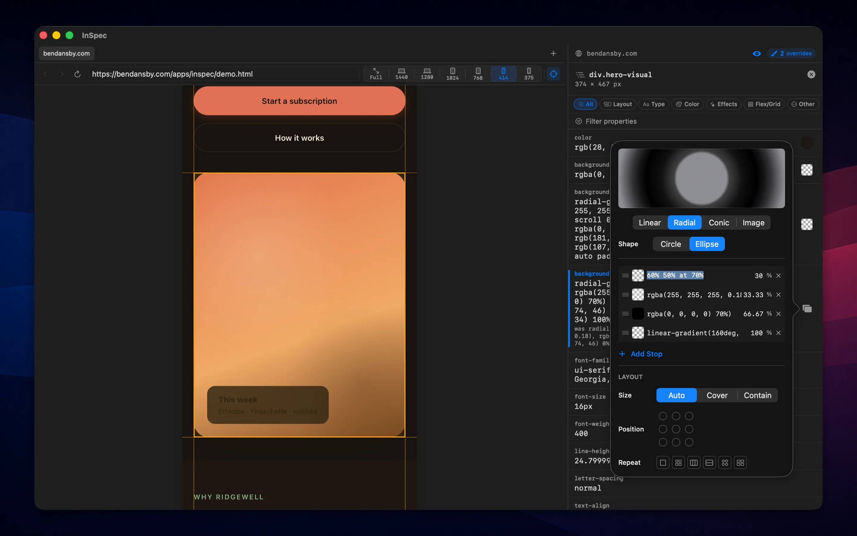 InSpec property panel with visual editors and a live override