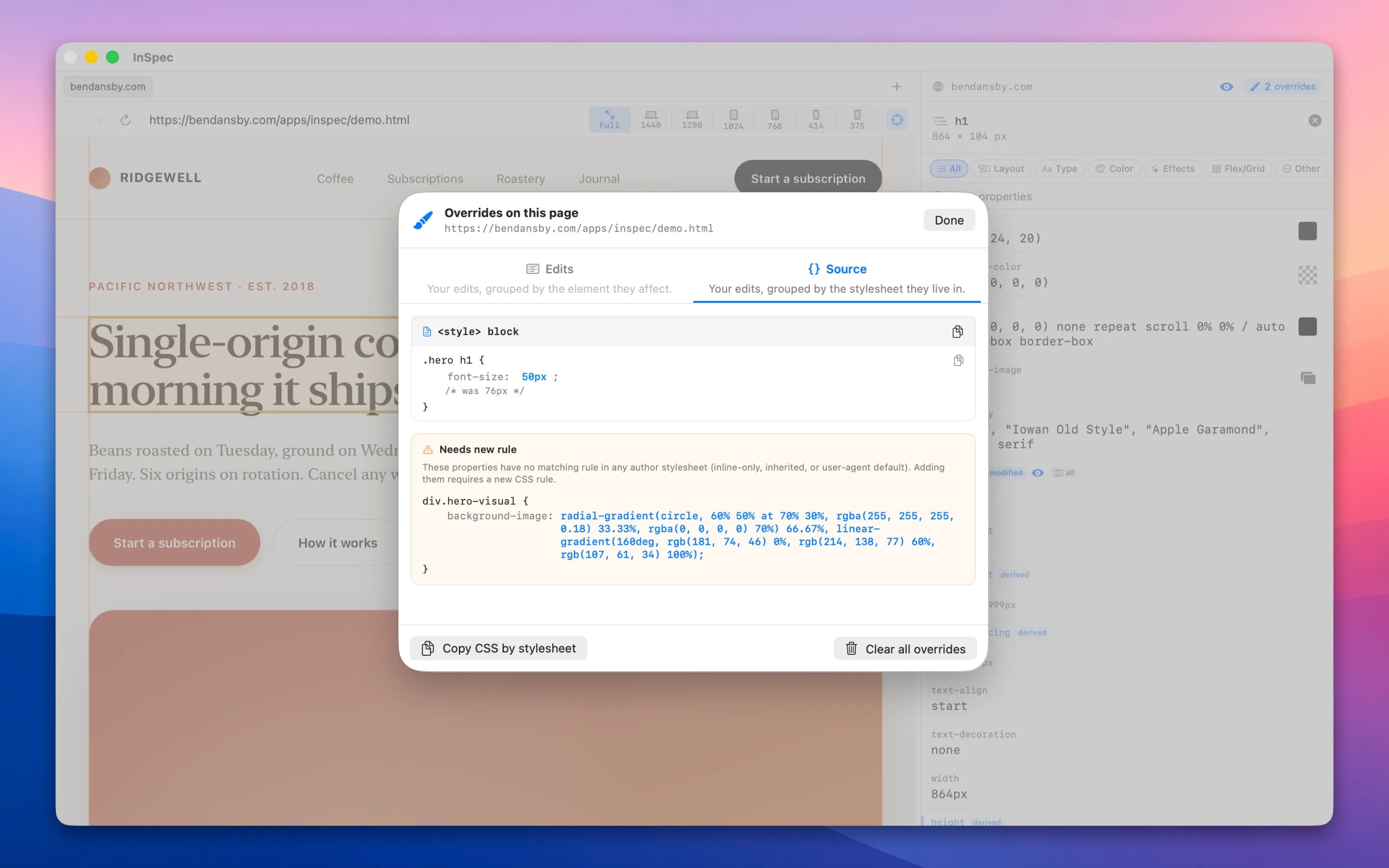 InSpec overrides modal showing the Source view