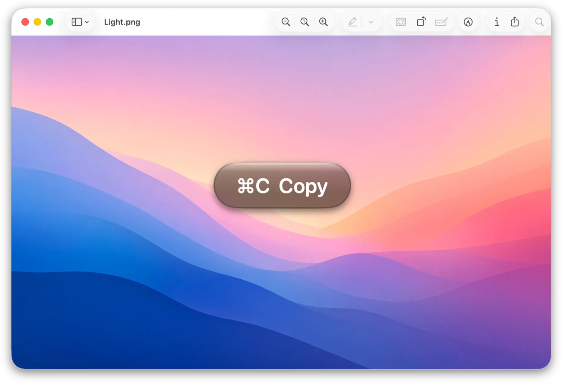 A Mac window filling the screen, with the KeyStruck HUD — a rounded glass capsule reading ⌘C Copy — floating over the middle of it