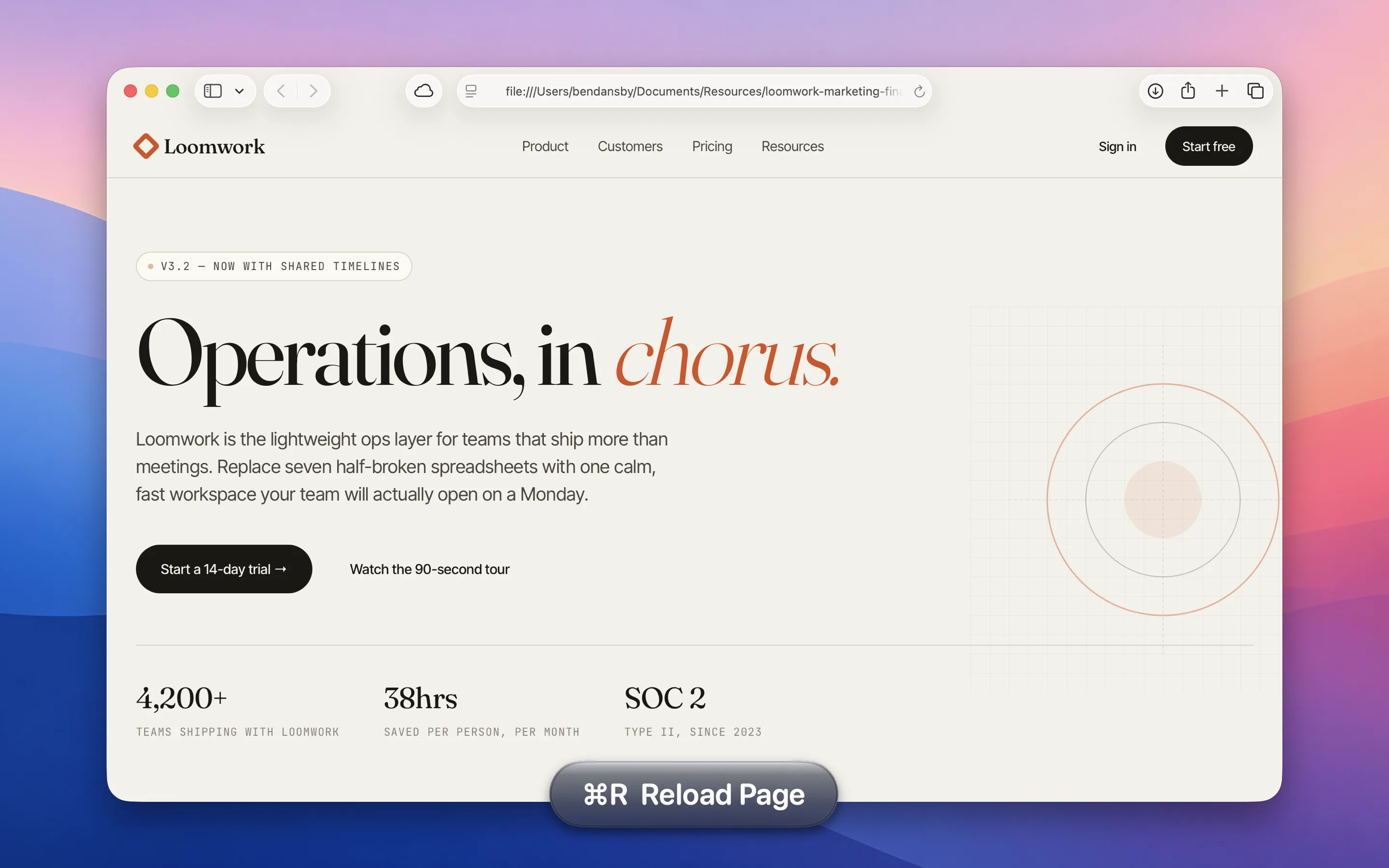 KeyStruck HUD overlay reading ⌘R Reload Page above a Safari window