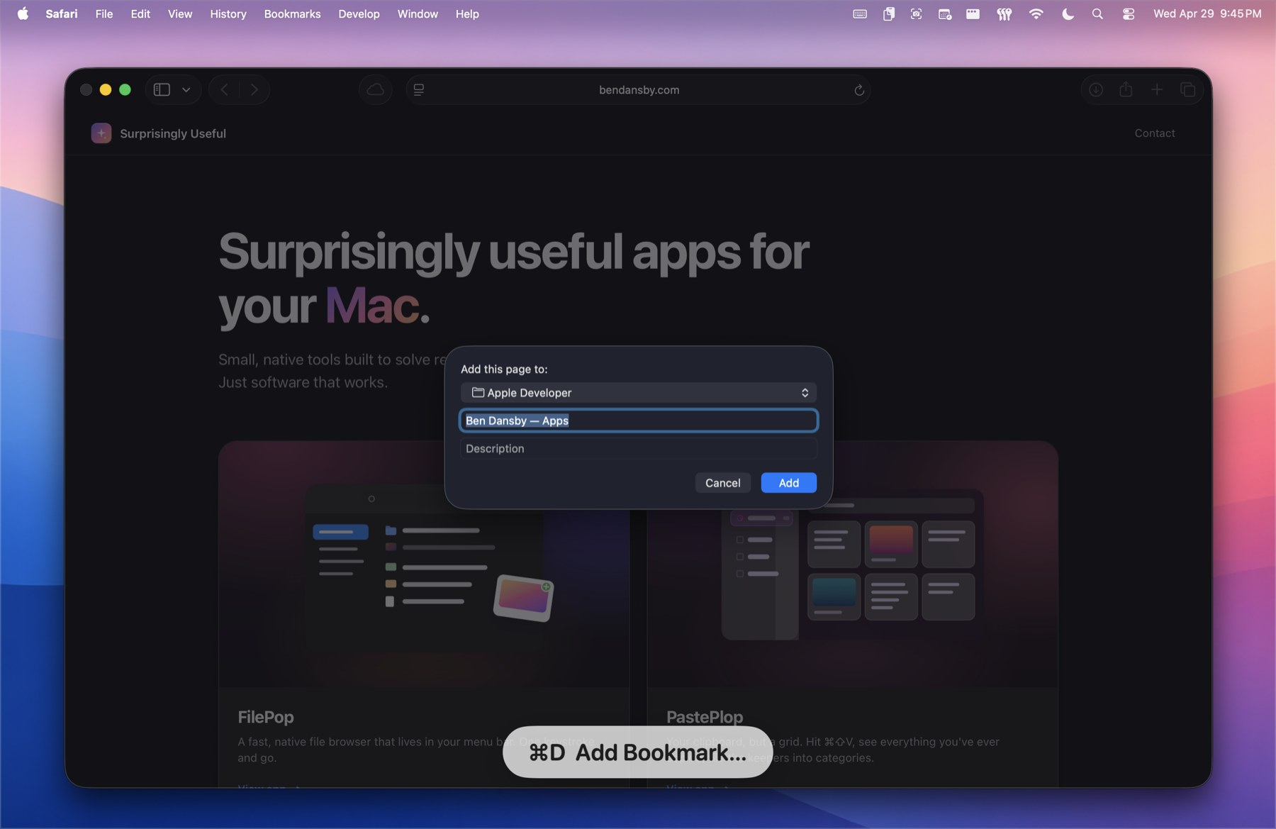 KeyStruck HUD overlay reading ⌘D Add Bookmark in Safari