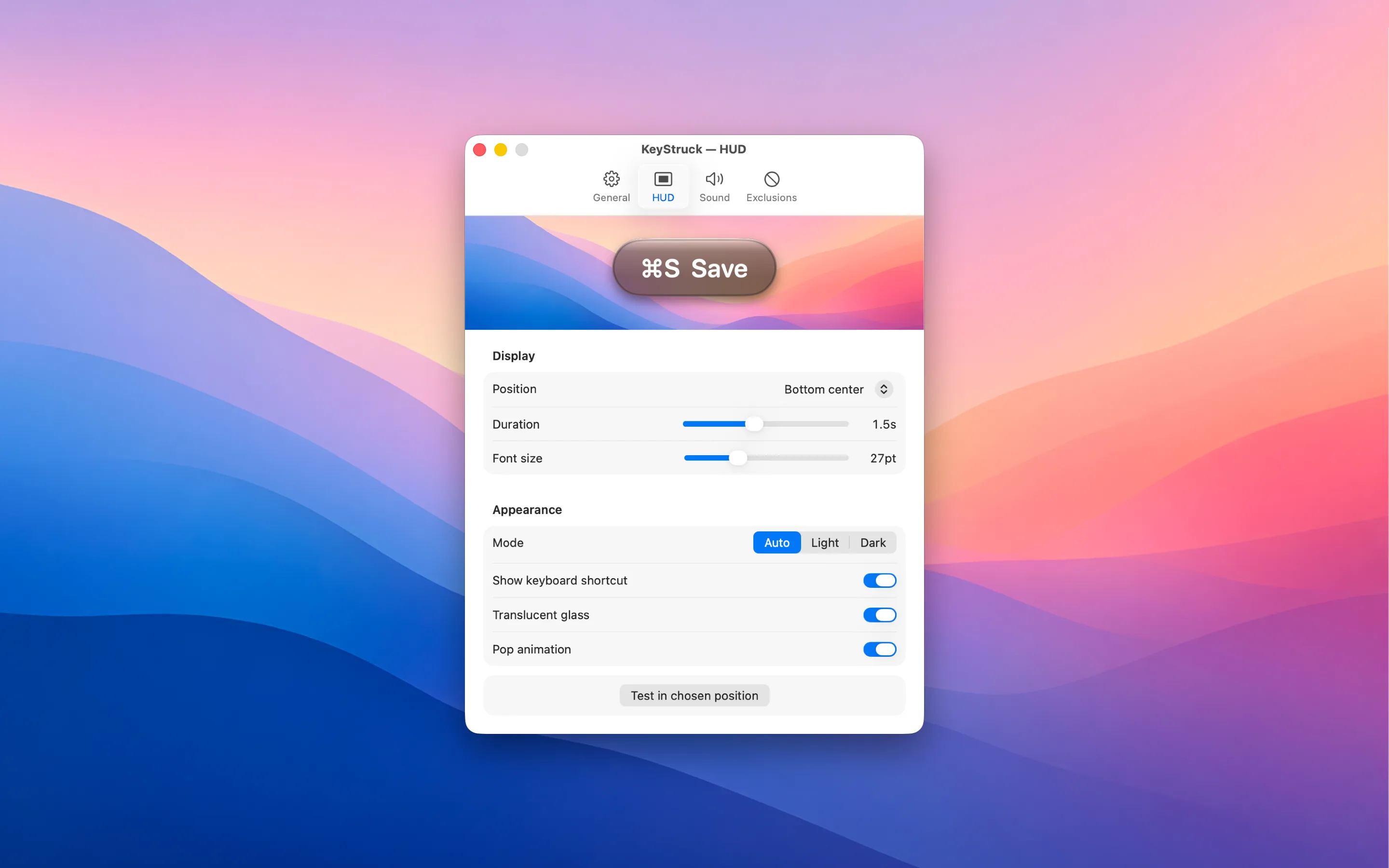 KeyStruck Preferences on the HUD tab showing a ⌘S Save preview above Display and Appearance settings