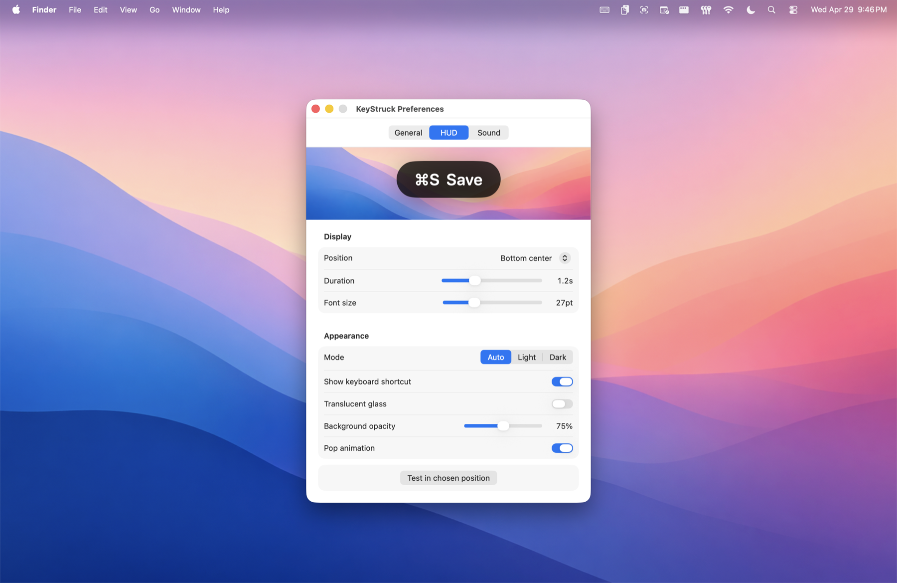 KeyStruck Preferences window showing the HUD tab with live preview