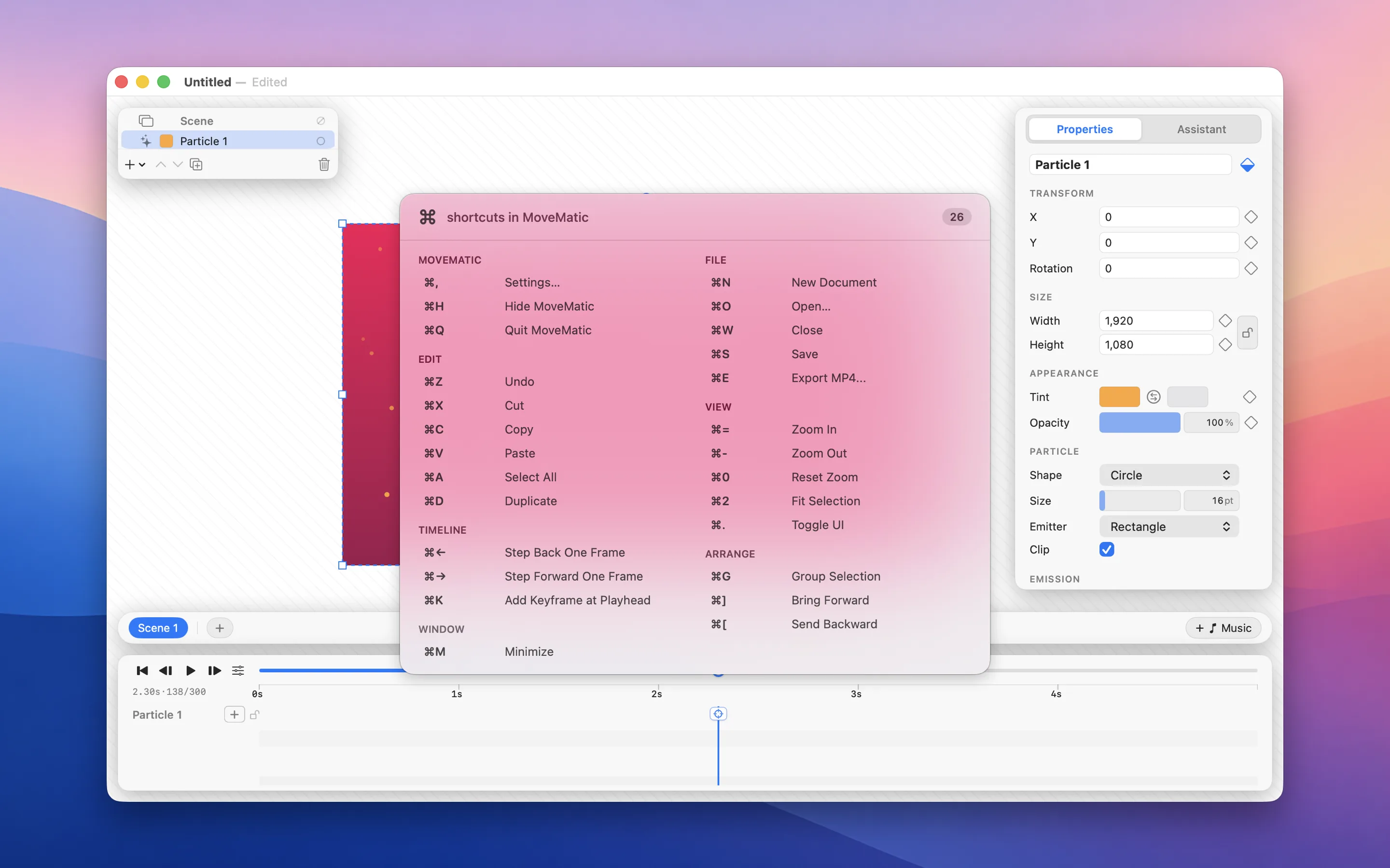 KeyStruck cheat sheet listing every ⌘-shortcut bound in MoveMatic, grouped by menu