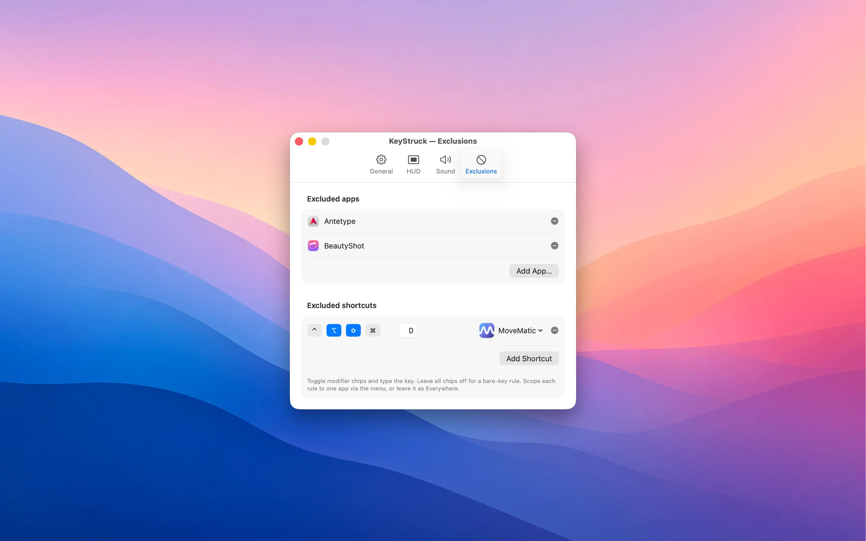 KeyStruck Preferences on the Exclusions tab listing excluded apps (Antetype, BeautyShot) and a per-app excluded shortcut for MoveMatic