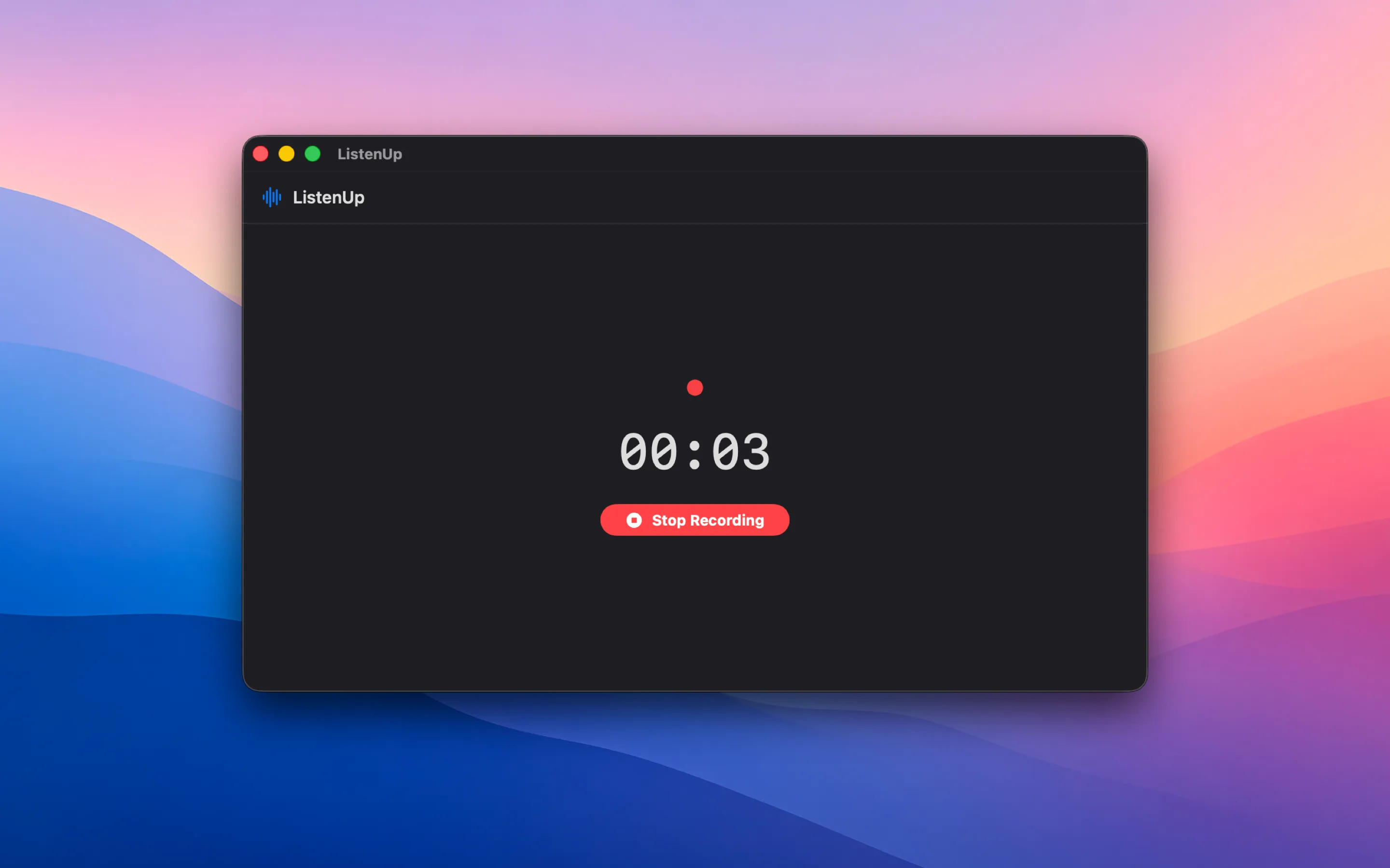 ListenUp recording, showing an elapsed-time counter and a Stop Recording button