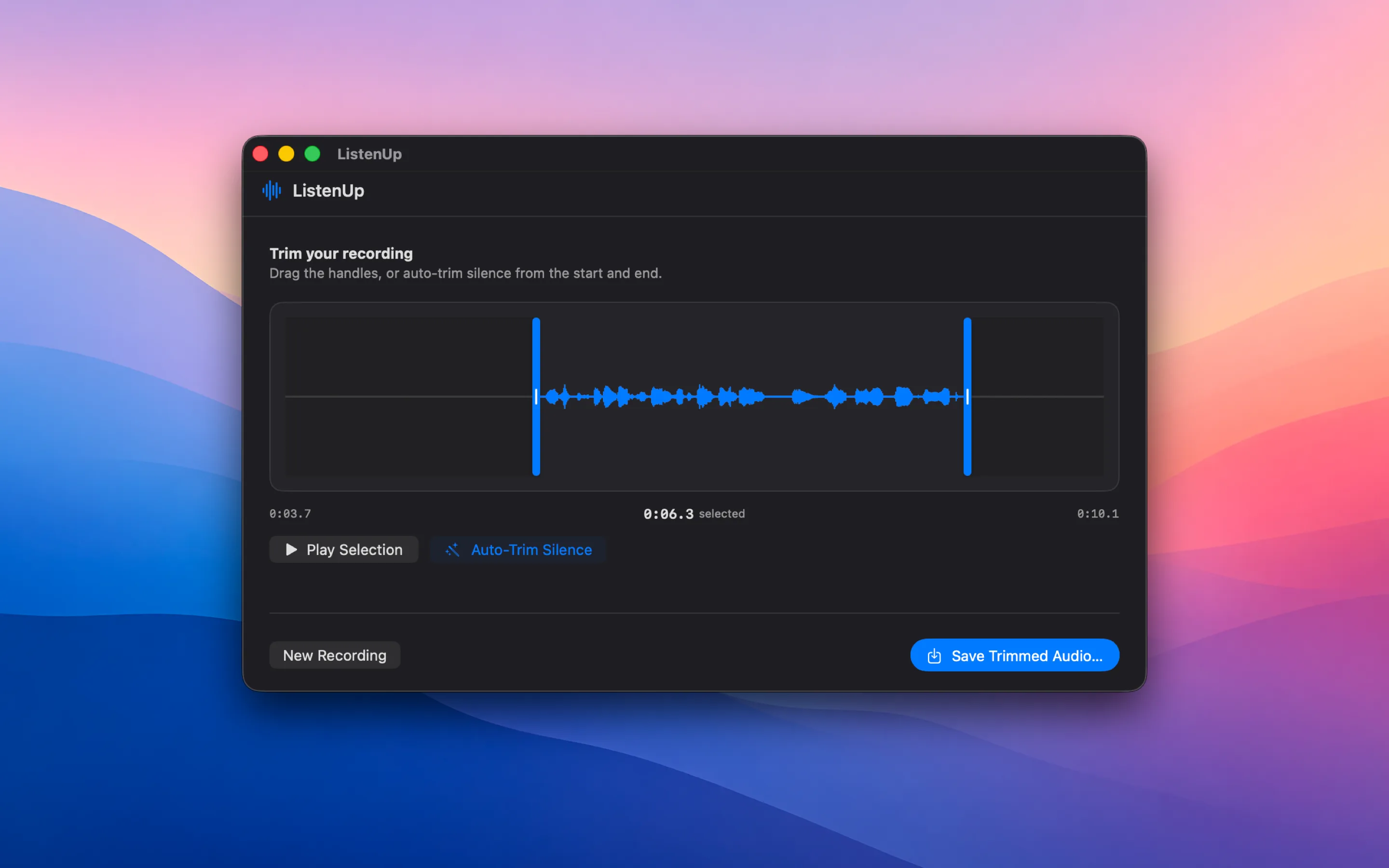 ListenUp's trim screen, with a waveform, drag handles, Auto-Trim Silence, and Save Trimmed Audio