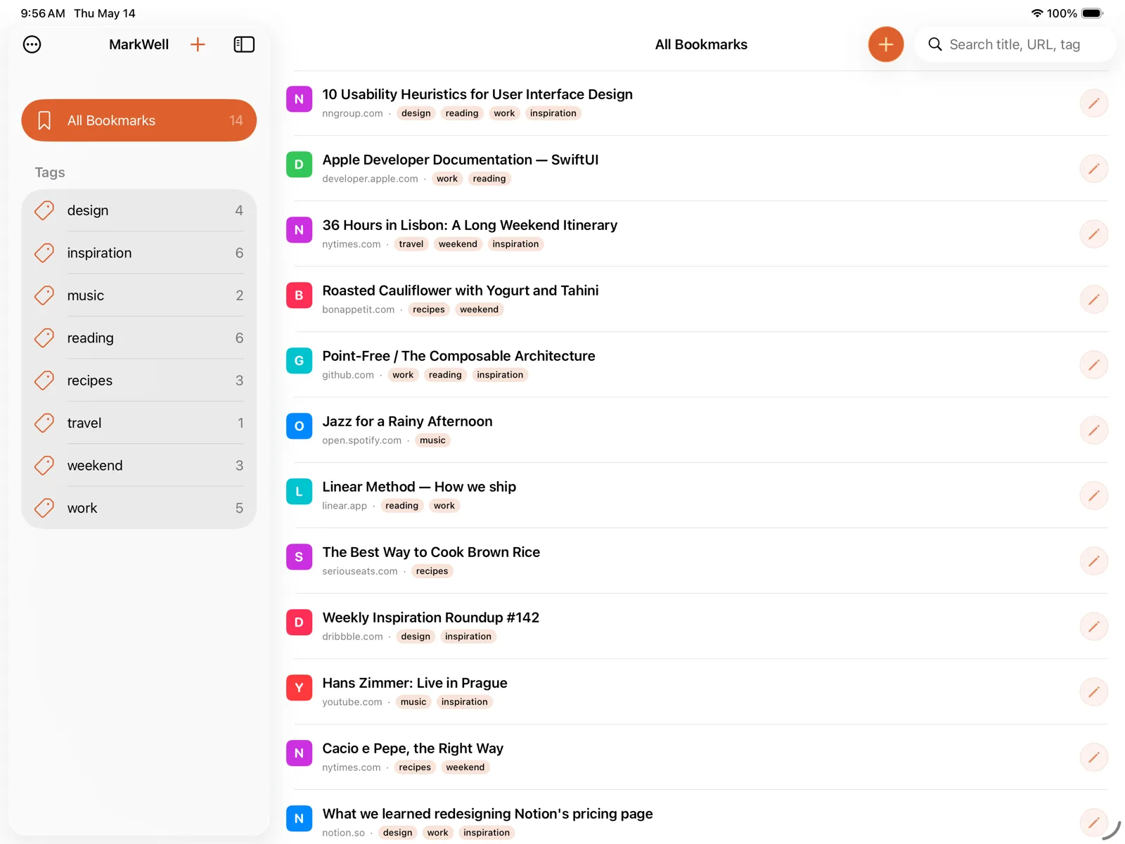MarkWell on iPad — the All Bookmarks list beside a Tags sidebar