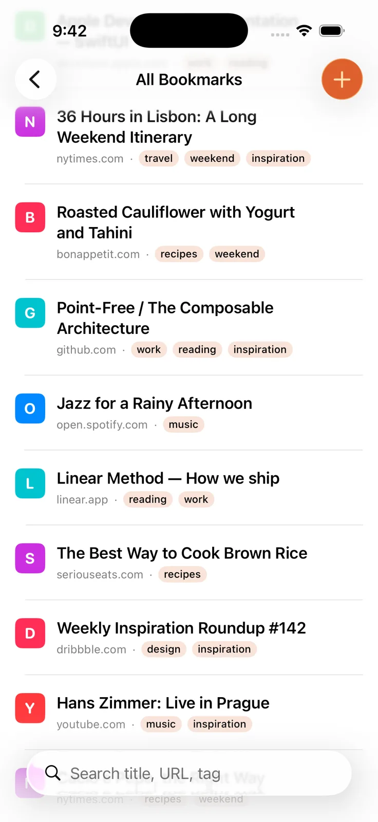 MarkWell on iPhone — the All Bookmarks list with tags shown under each link