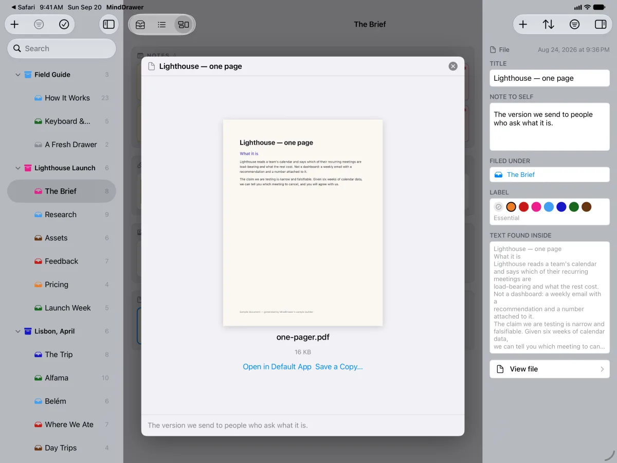 MindDrawer on iPad with a filed PDF open full screen, and the inspector beside it showing the text found inside the document
