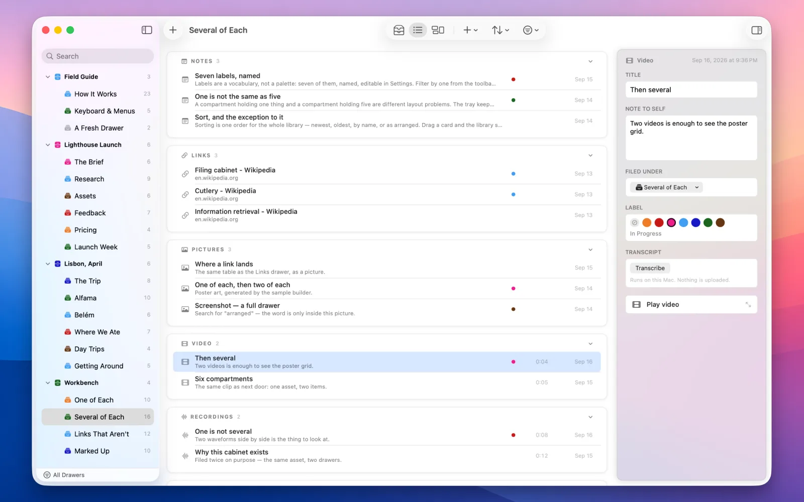 The same drawer in list view — dense rows grouped by compartment with dates and durations down the right — and the inspector offering to transcribe the selected video on this Mac