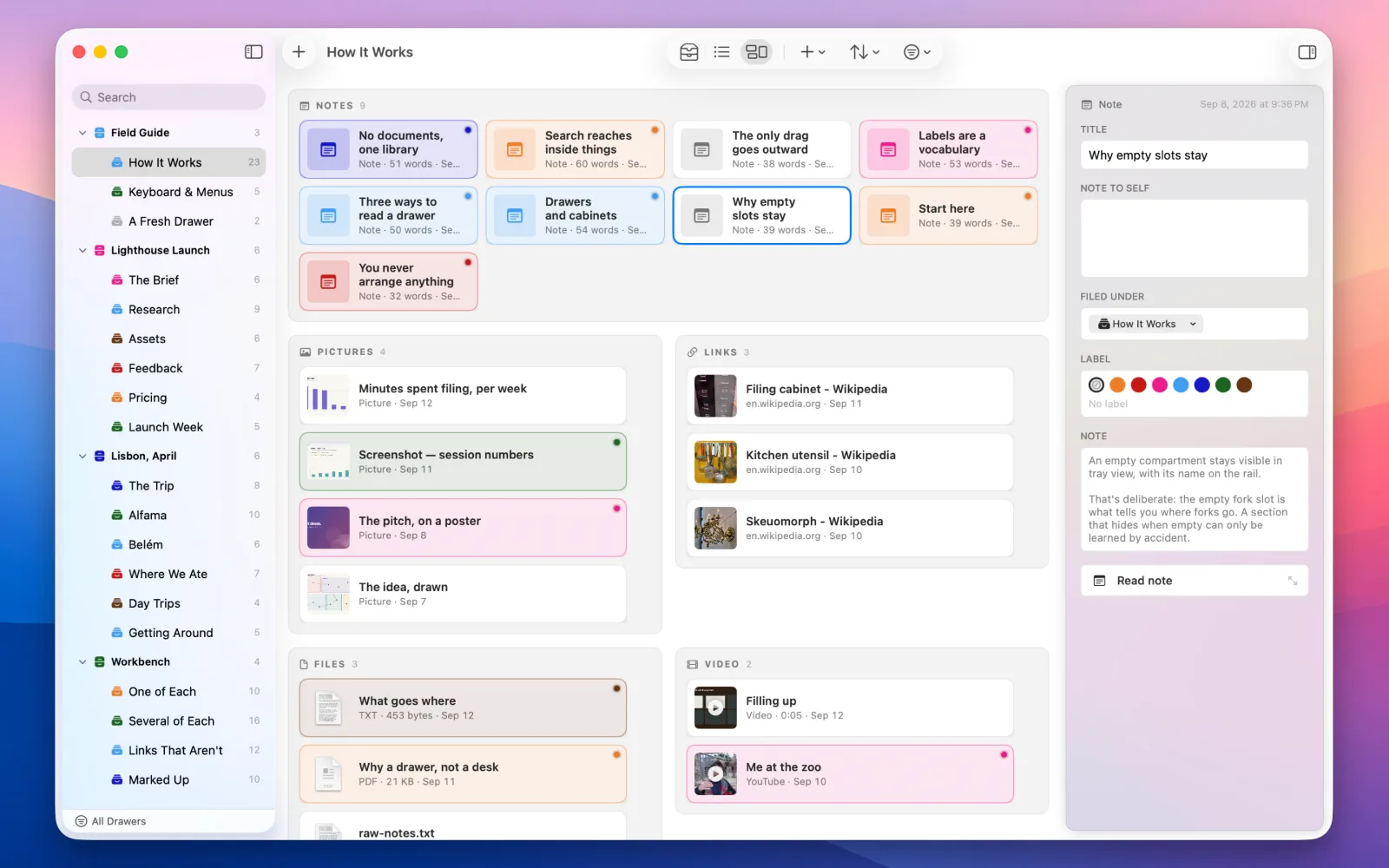 Bento view: nine coloured note cards in one block, with pictures, links, files and video in blocks beside them, each sized by how much it holds