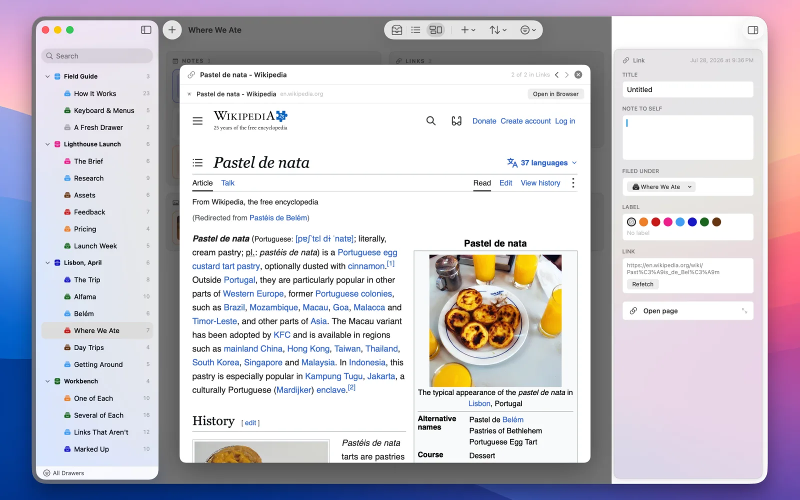 A filed Wikipedia link opened inside MindDrawer rather than in a browser, with a Refetch button and the page&rsquo;s own note-to-self field beside it