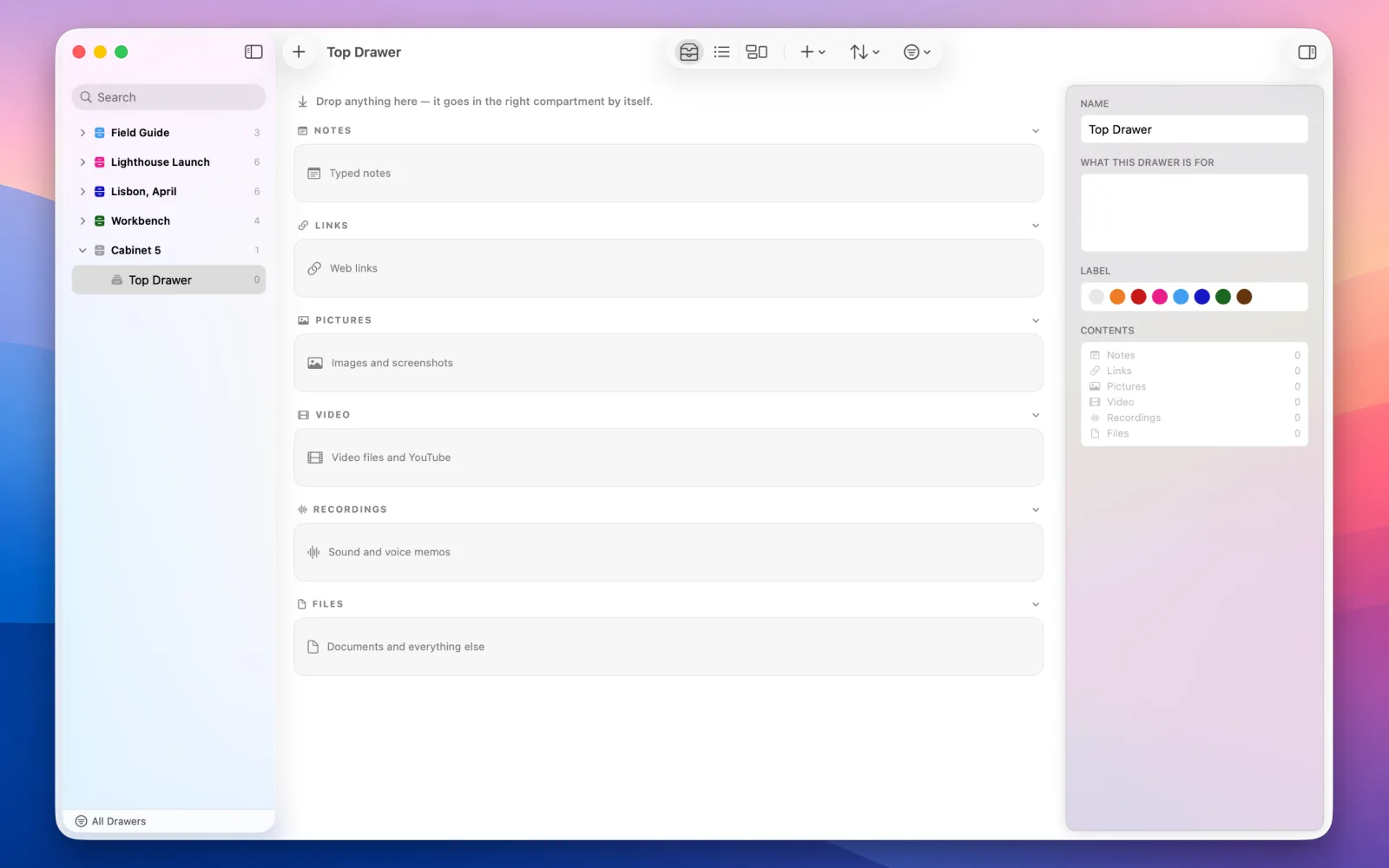 A brand new empty drawer: all six compartments present and named — typed notes, web links, images and screenshots, video, sound and voice memos, documents and everything else — above the line &ldquo;Drop anything here, it goes in the right compartment by itself&rdquo;