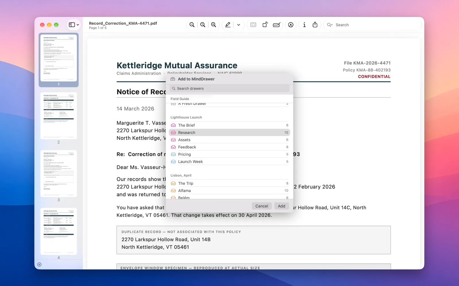 Add to MindDrawer from another app&rsquo;s Share menu: a sheet over a PDF lists every drawer by cabinet, with a search field, to pick where the document goes