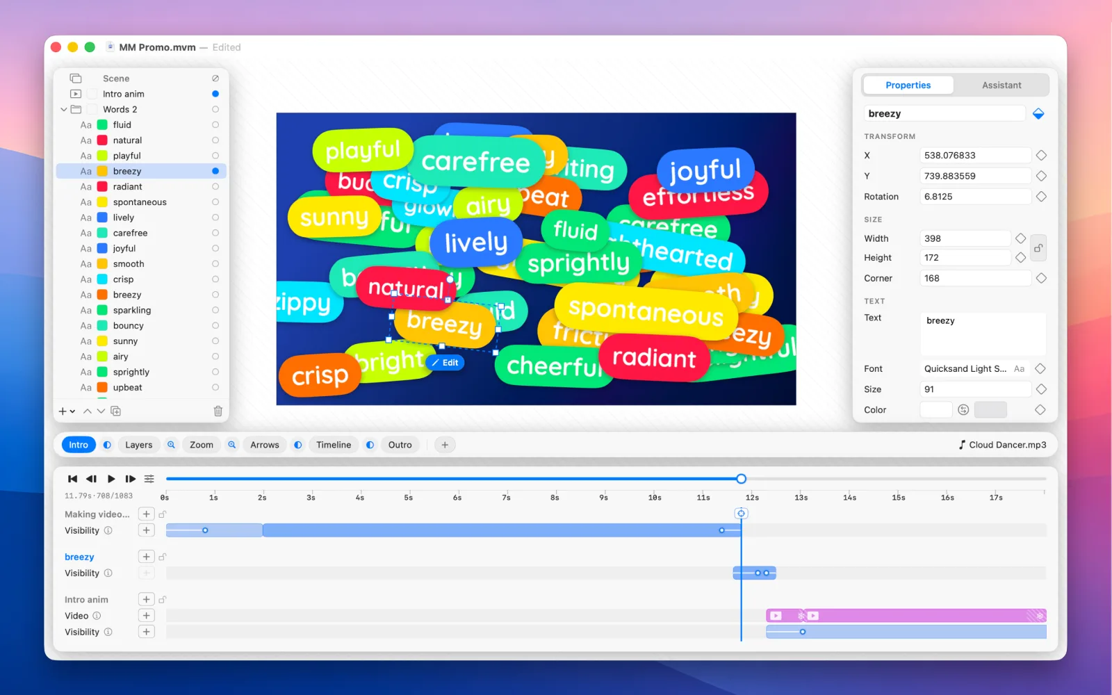 A MoveMatic scene of colourful word pills: the layer list on the left, the selected pill's transform, size and text in the Properties inspector, and visibility spans for each layer on the timeline below