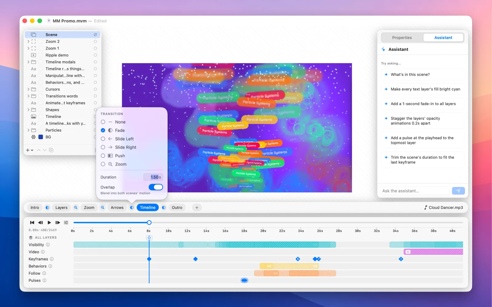 The Transition popover between two scenes, set to Fade with a 1.5-second overlap, beside the Assistant panel's suggested prompts and a particle-system scene