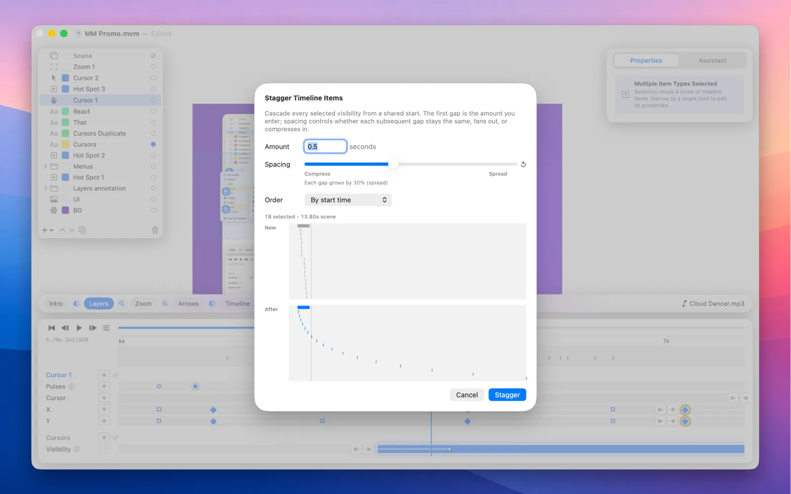 The Stagger Timeline Items sheet cascading 18 selected items from a shared start, with Now and After previews showing the gaps fanning out