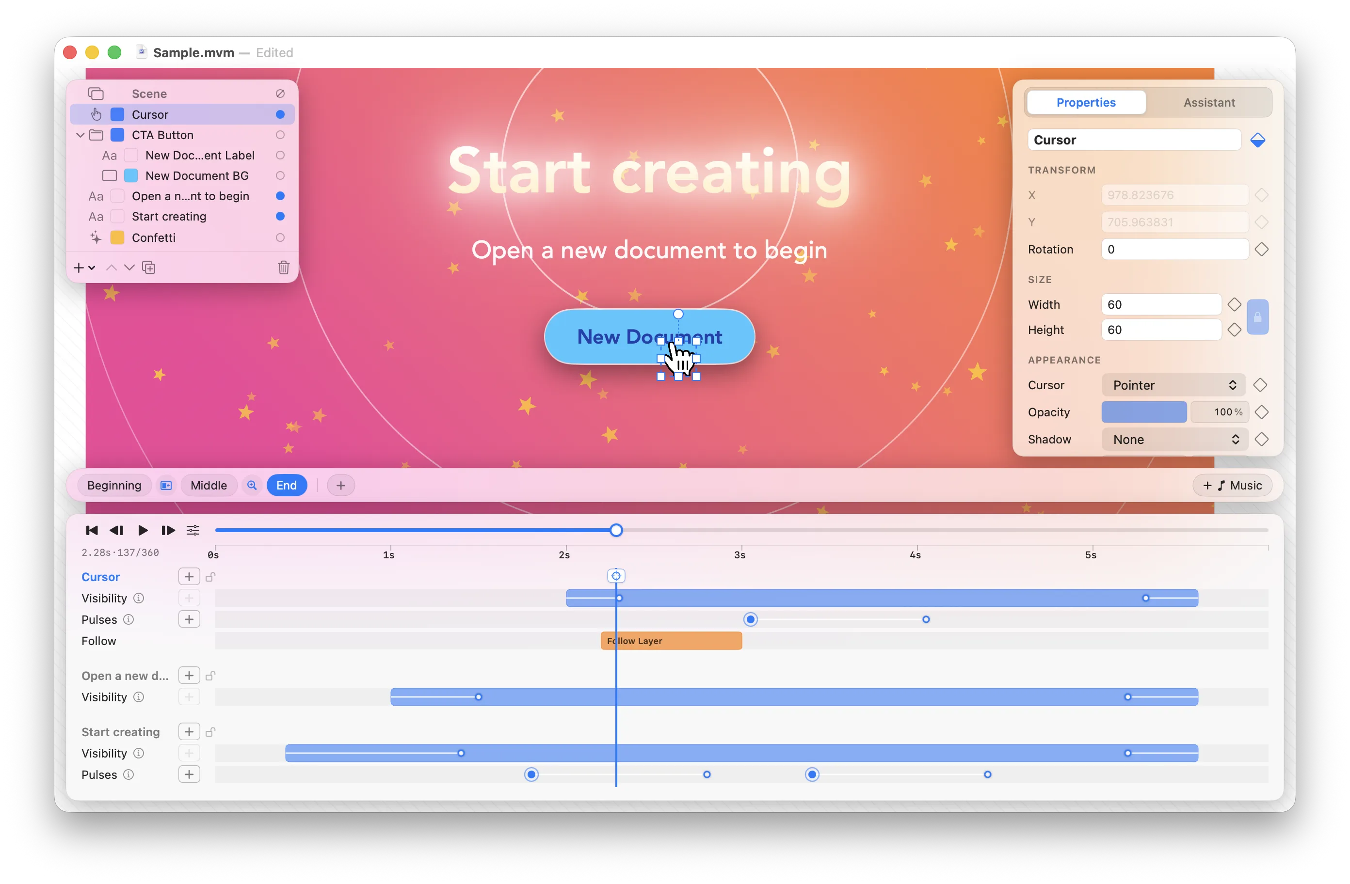 The MoveMatic editor: scene composition with a 'Start creating' header, animated layers panel on the left, properties inspector on the right, and a multi-layer timeline below with visibility spans, pulses, and follow tracks.